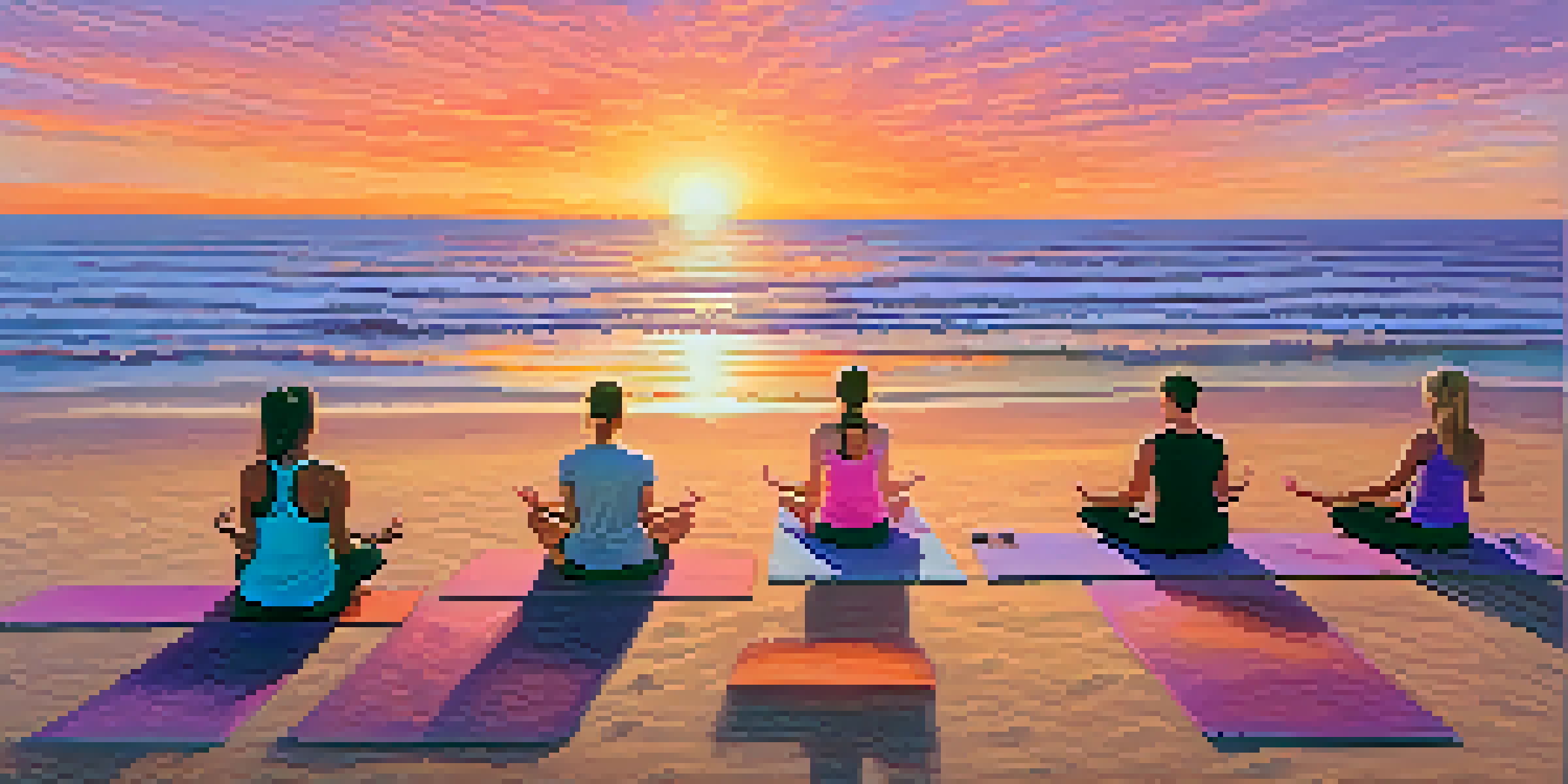 A diverse group of people practicing yoga on the beach during sunset, with the ocean in the background and colorful mats on the sand.