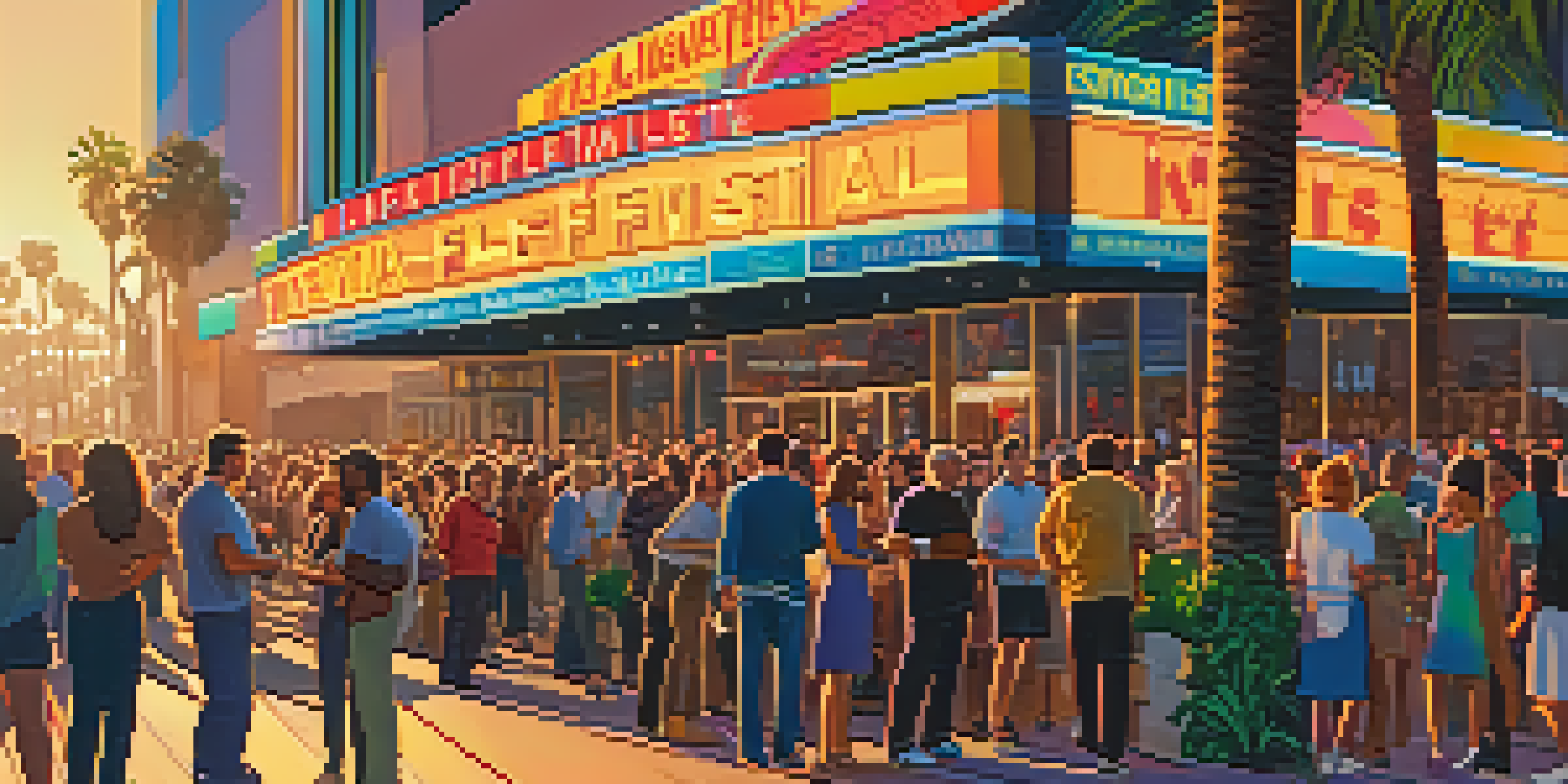 A diverse group of people at a Los Angeles film festival, interacting outside a modern theater with colorful banners and digital screens.