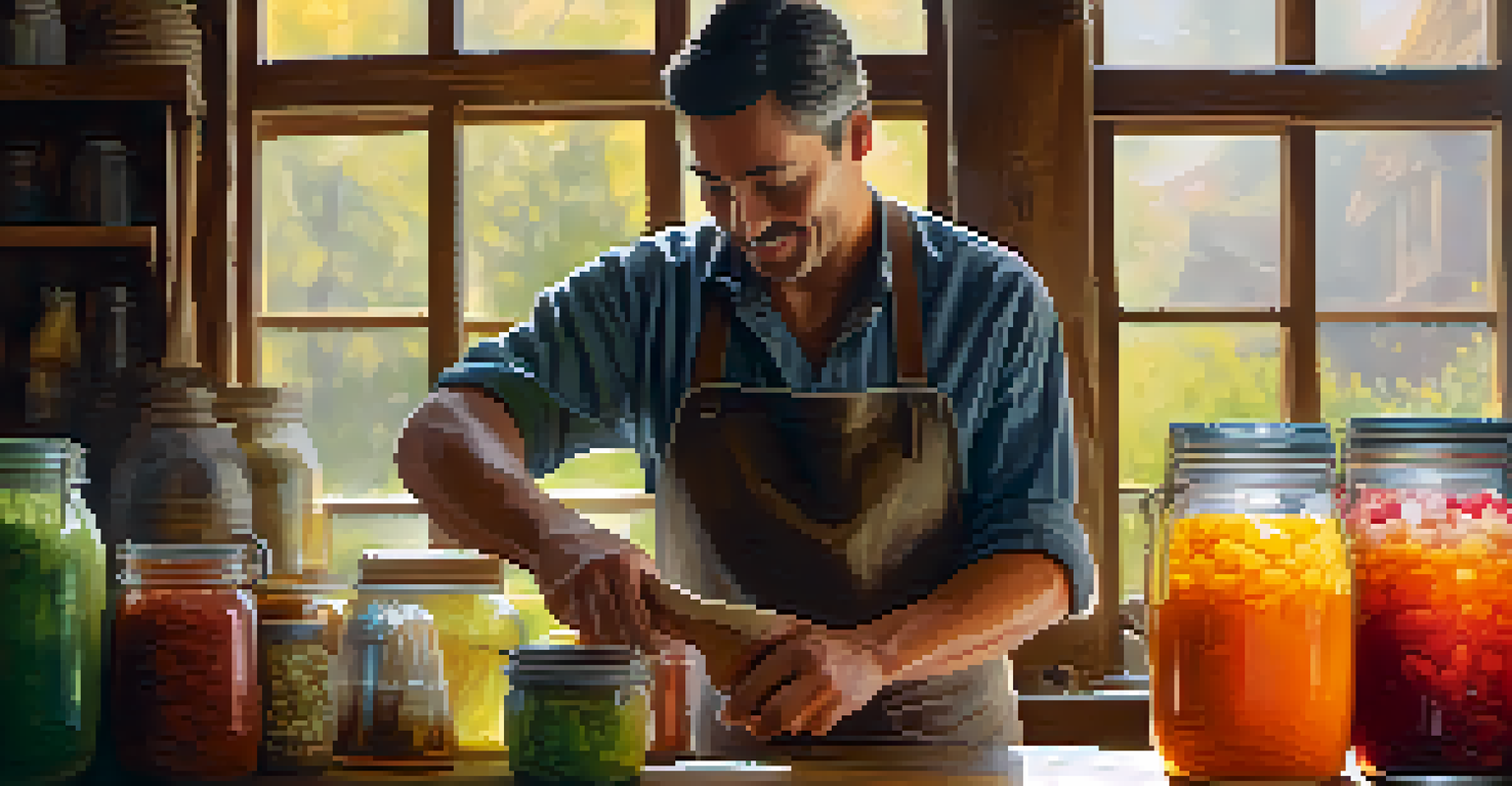 An artisan pouring a colorful fermented beverage into a glass, with jars of fermented foods in the background and warm light streaming in from a window.