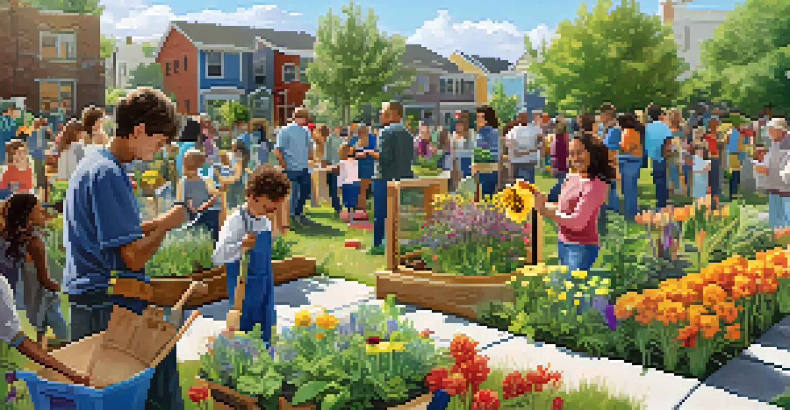 Neighbors participating in a community gardening event, planting native flowers together in an urban garden with a banner for pollinator conservation.