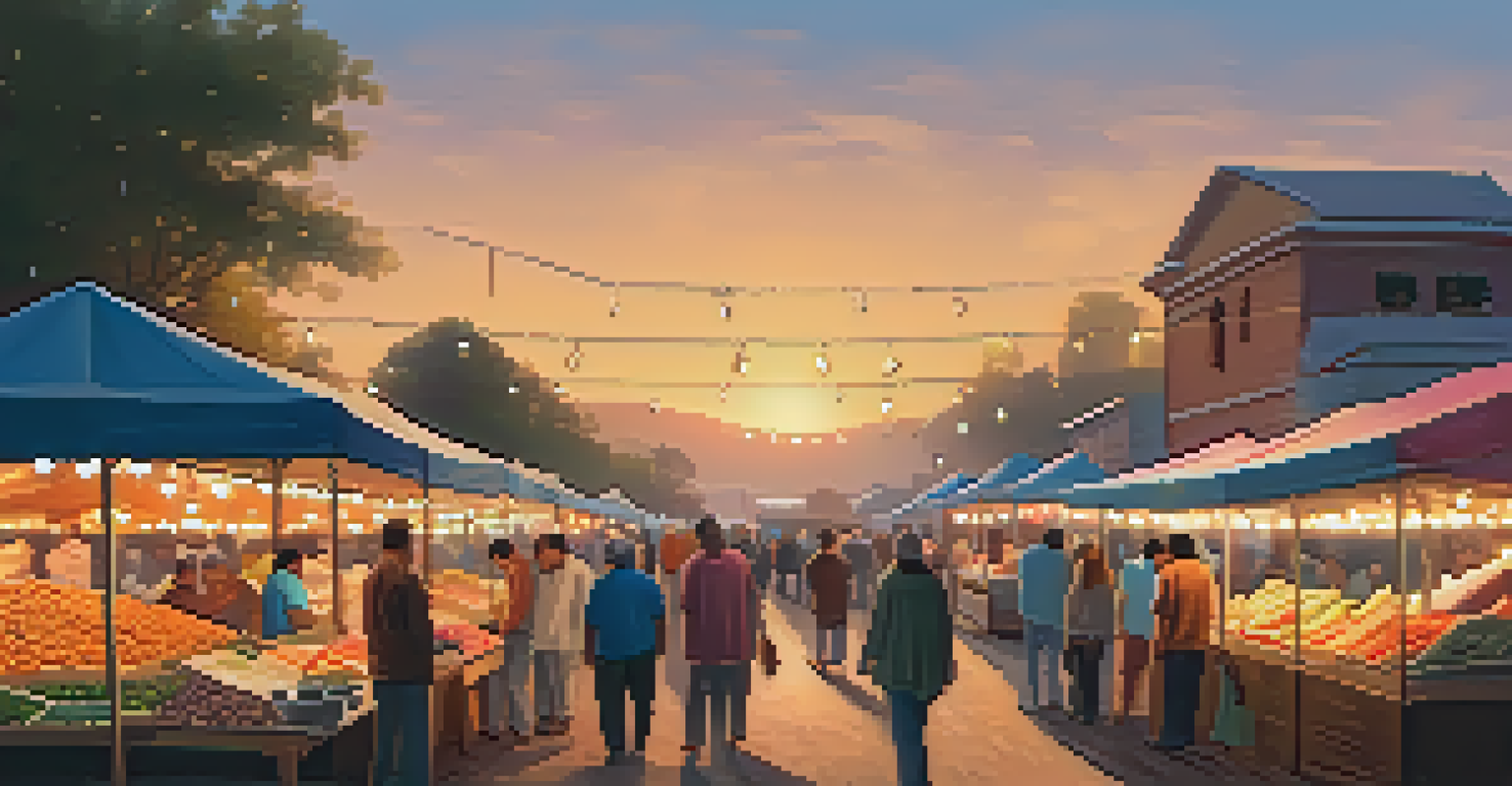 A sunset scene at a local market, with illuminated stalls and families enjoying the evening atmosphere under twinkling lights.