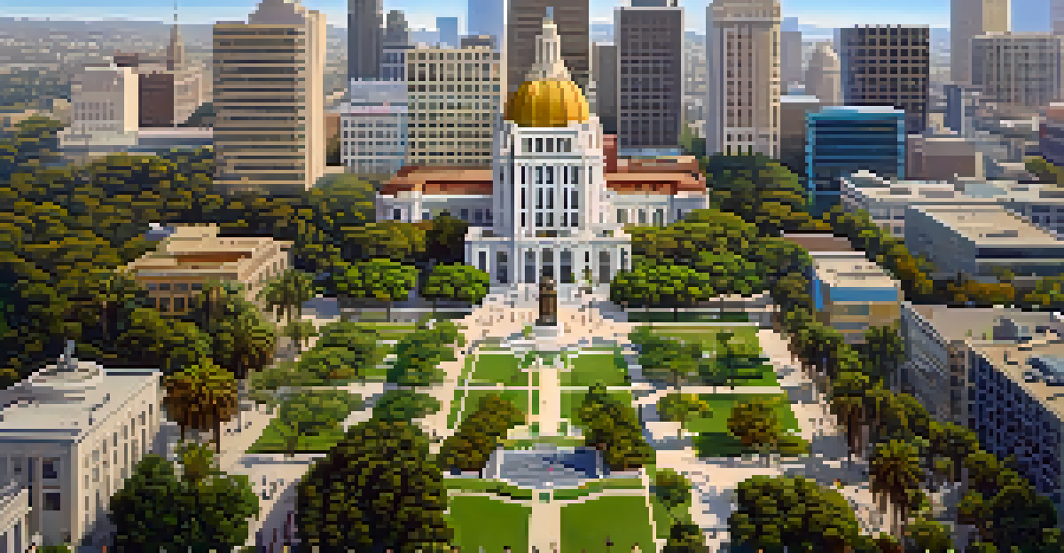 Aerial view of Los Angeles City Hall with greenery and urban landscape, showcasing Grand Park and the city skyline.