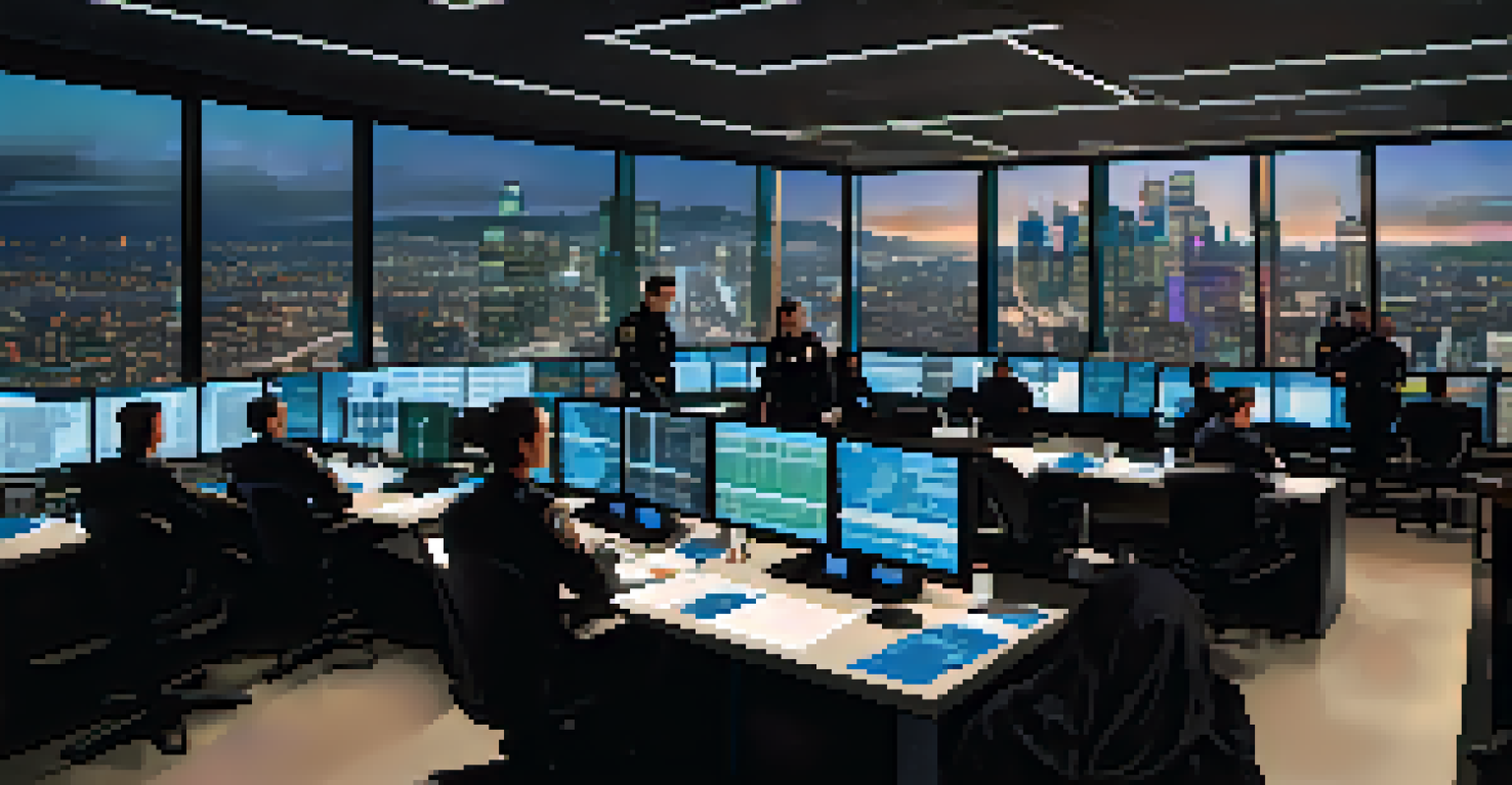 A high-tech police operations room with officers discussing strategies around a table, showcasing data analytics and crime maps against a city skyline backdrop.