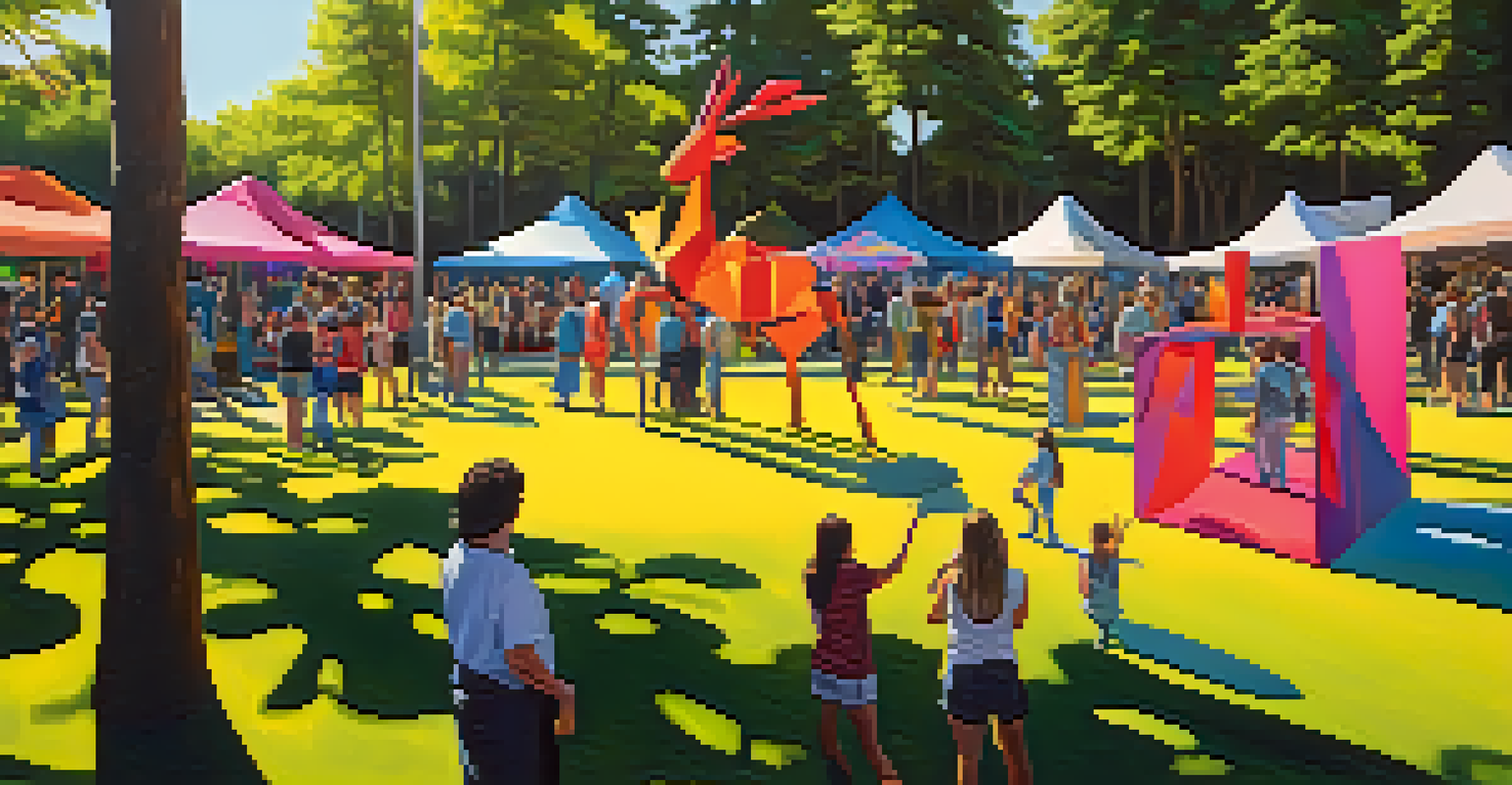 Festival attendees interacting with a colorful recycled art installation at a music festival, with sunlight filtering through the trees.