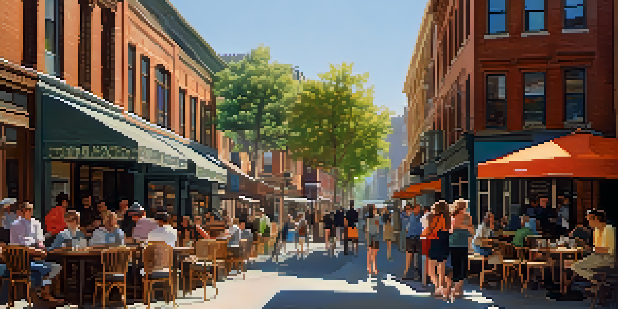 A lively urban neighborhood showing a mix of modern cafes and historic buildings, filled with diverse people enjoying the day.