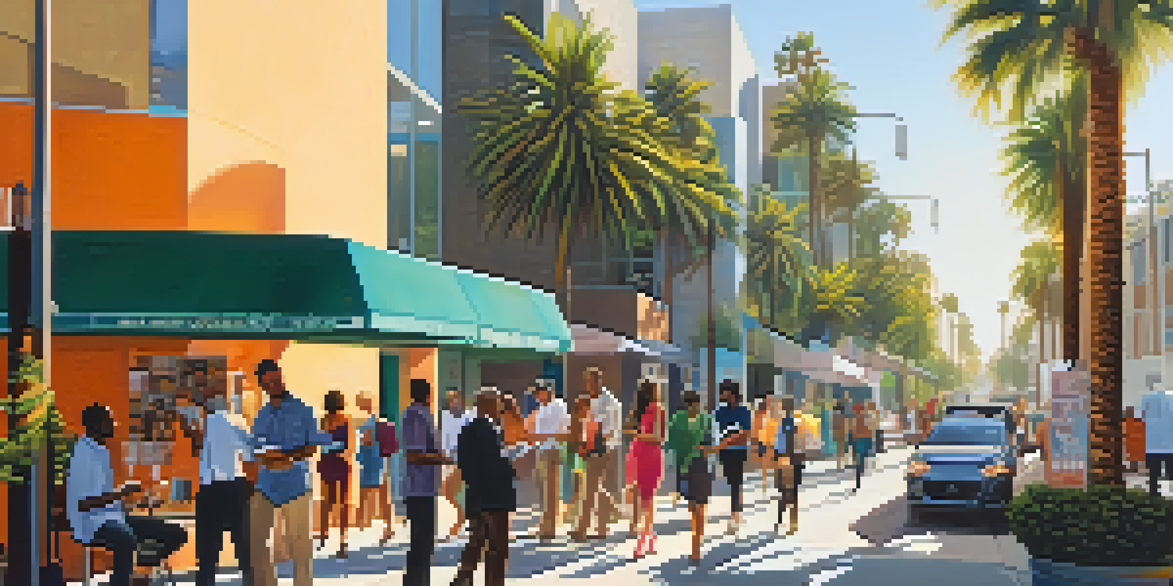 A vibrant Los Angeles street scene with diverse entrepreneurs discussing outside a co-working space, under bright sunlight filtering through palm trees.