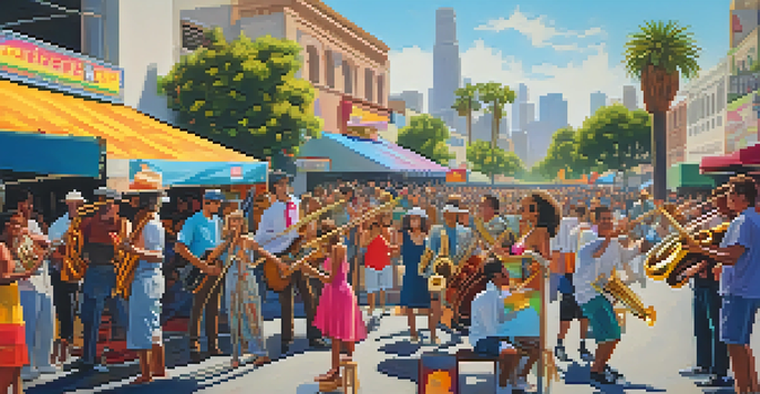 A lively outdoor music festival in Los Angeles with musicians performing and a diverse crowd enjoying the atmosphere.