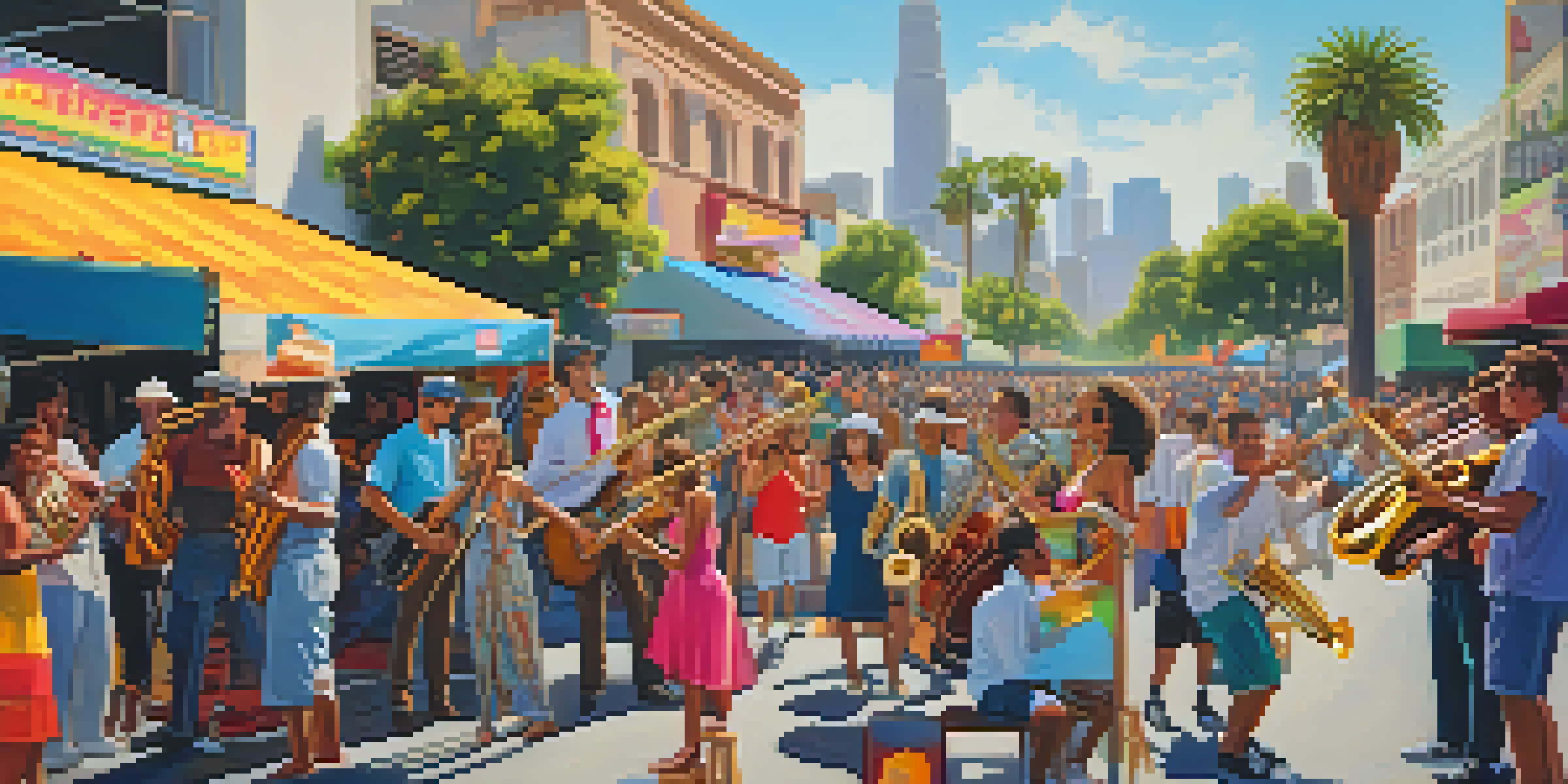 A lively outdoor music festival in Los Angeles with musicians performing and a diverse crowd enjoying the atmosphere.