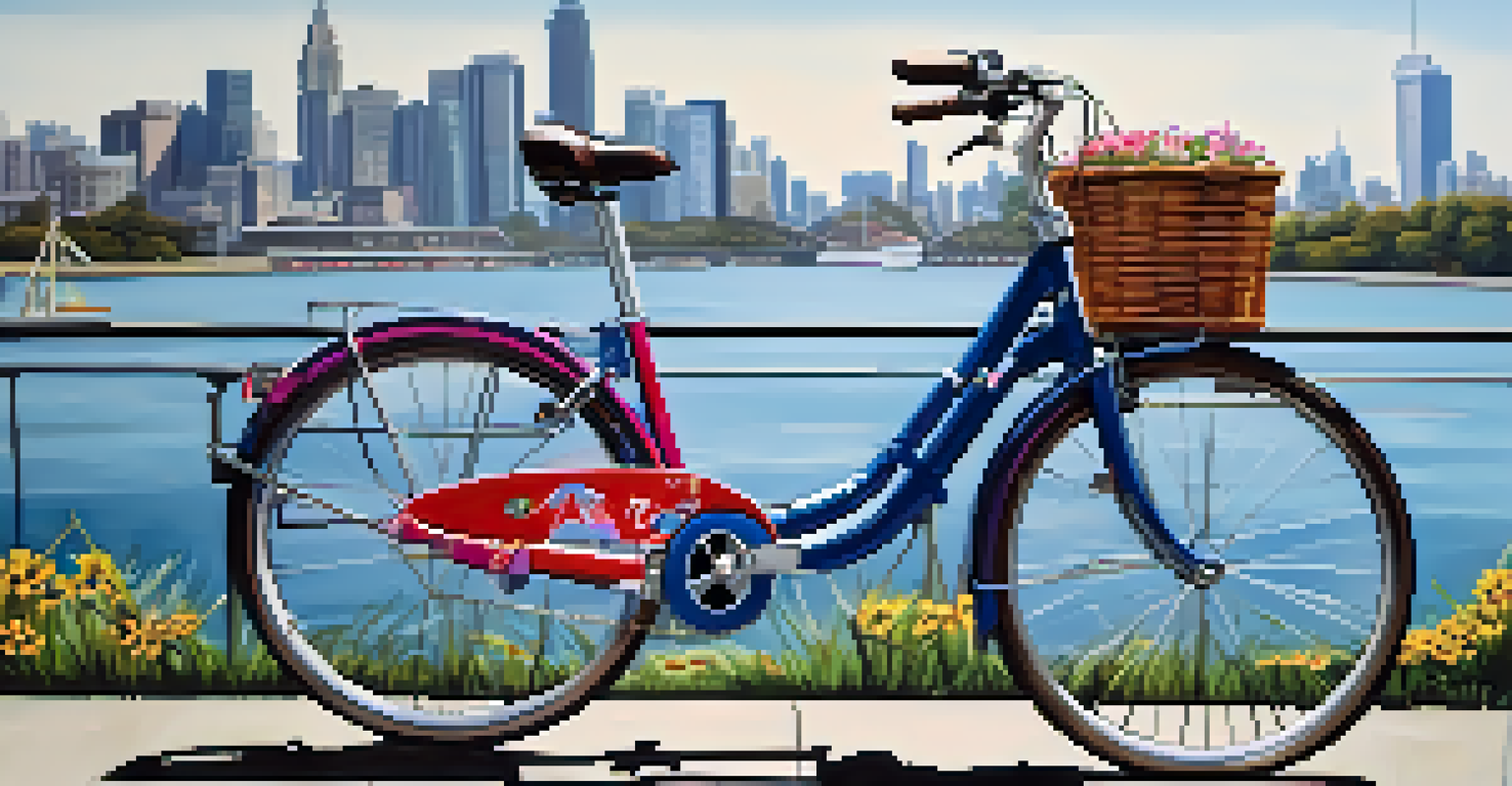 Close-up of a bike-sharing bicycle at a docking station with a city skyline and flowers in the foreground.