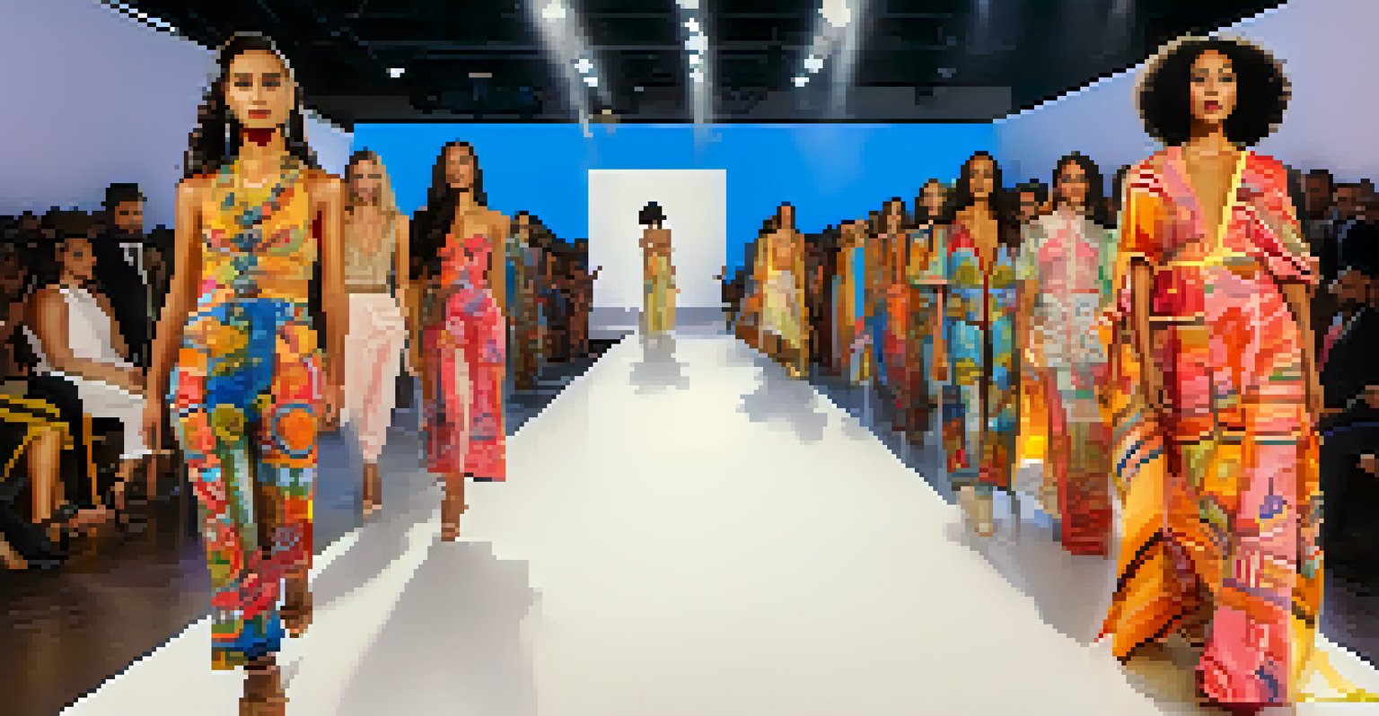 Models on a runway displaying contemporary fashion designs inspired by Latinx culture, under dramatic lighting.