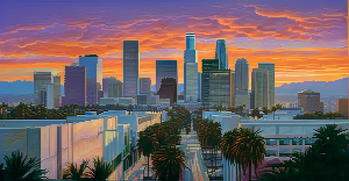 A sunset view of the Los Angeles skyline featuring Art Deco and modern skyscrapers, with vibrant colors in the sky and palm trees in the foreground.