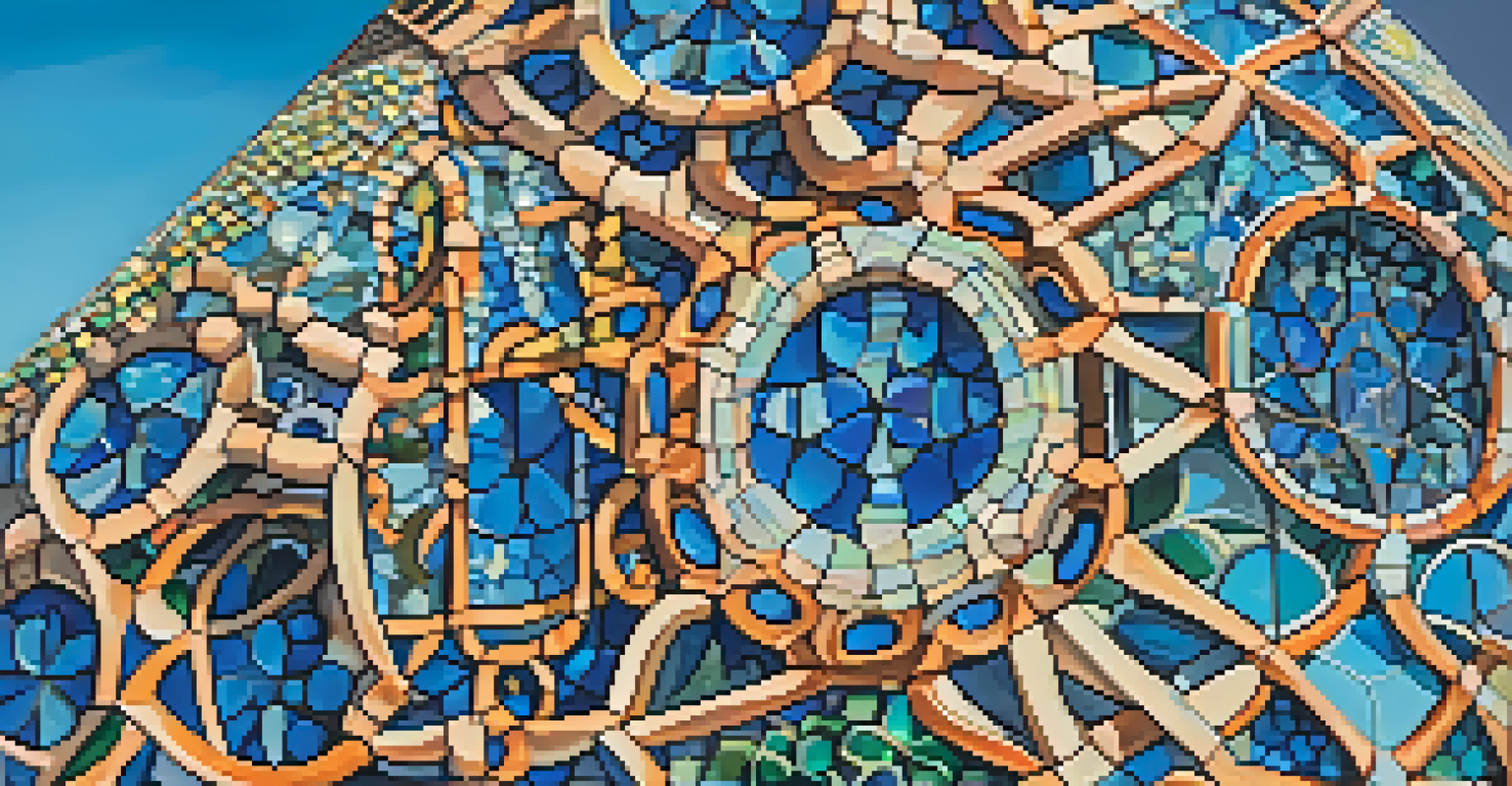 Close-up of colorful mosaic tiles on the Watts Towers under a clear blue sky.