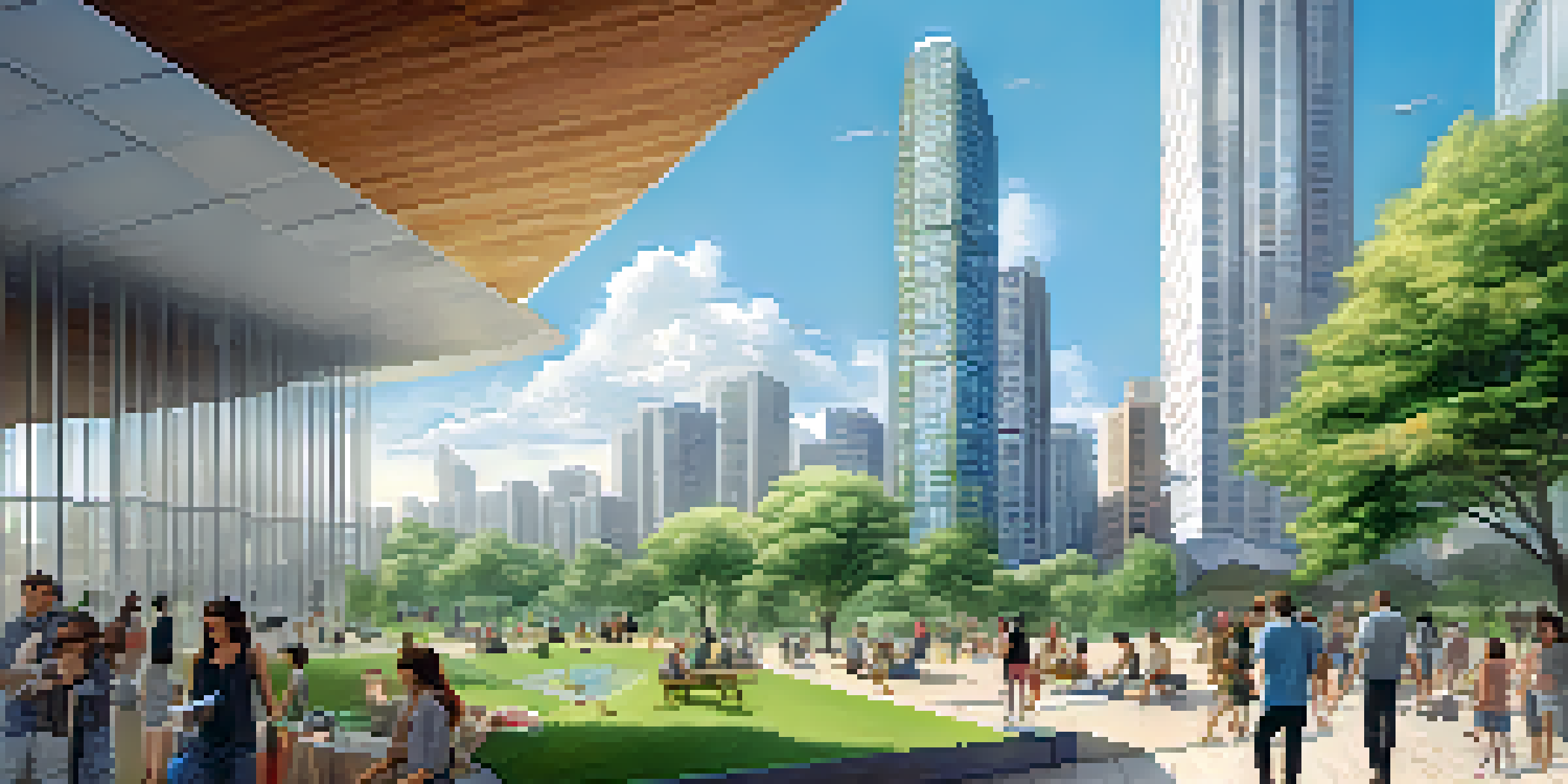 A vibrant urban cityscape with modern buildings and green parks, featuring a rainwater harvesting system.