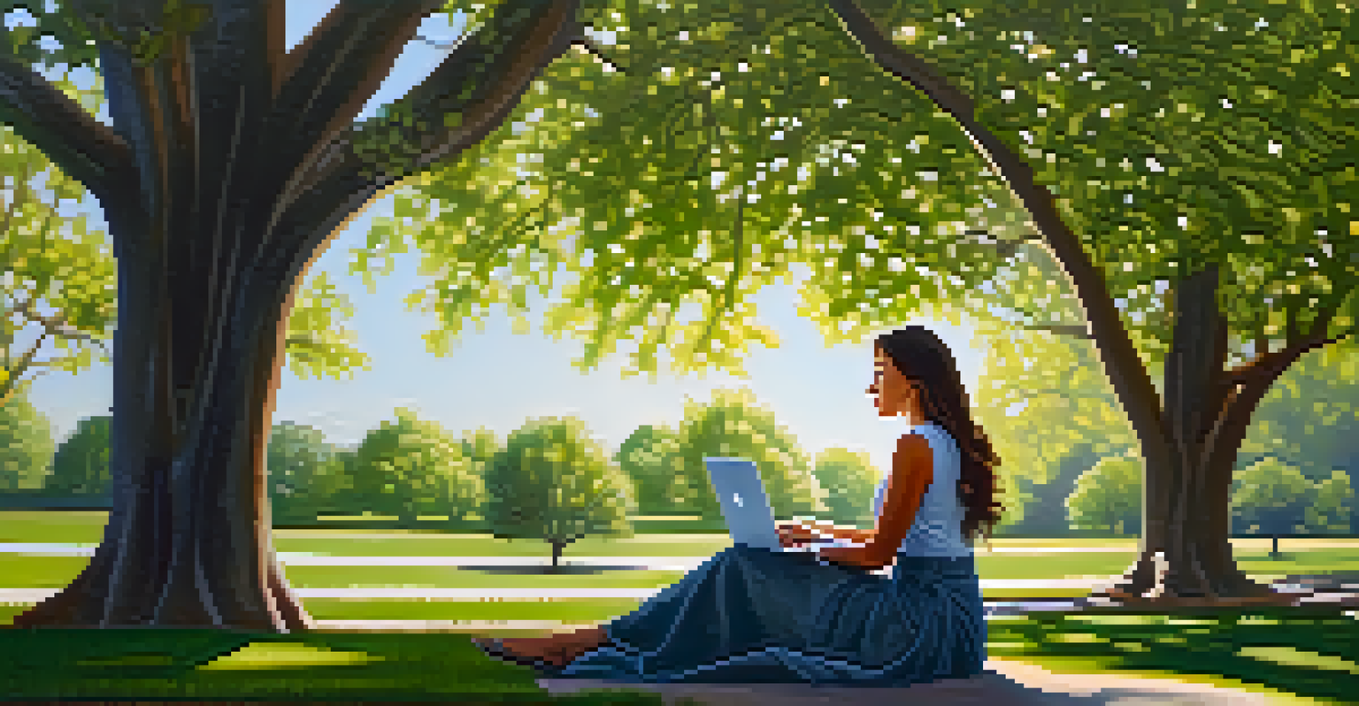 A woman working on her laptop in a peaceful park, surrounded by nature and sunlight filtering through trees.
