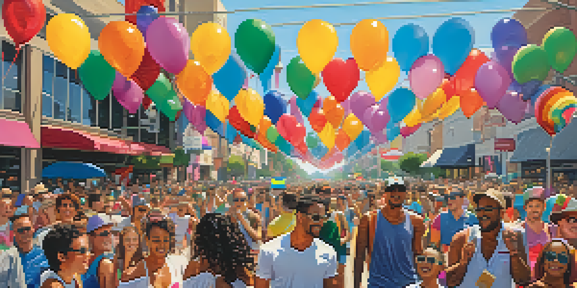 A lively Los Angeles Pride Parade with a diverse crowd celebrating, colorful flags, and bright costumes under the sun.