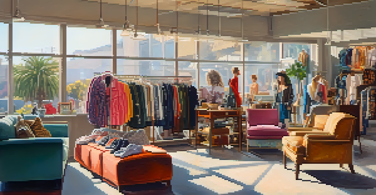 A celebrity thrift shopping in a vibrant thrift store, surrounded by vintage clothing and warm sunlight.