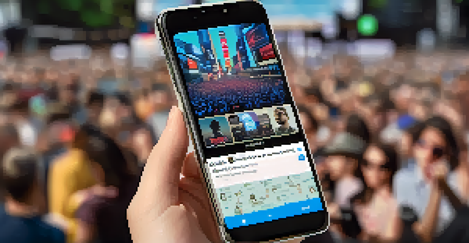 A smartphone showing social media posts from a film festival, with a blurred background of the festival venue.
