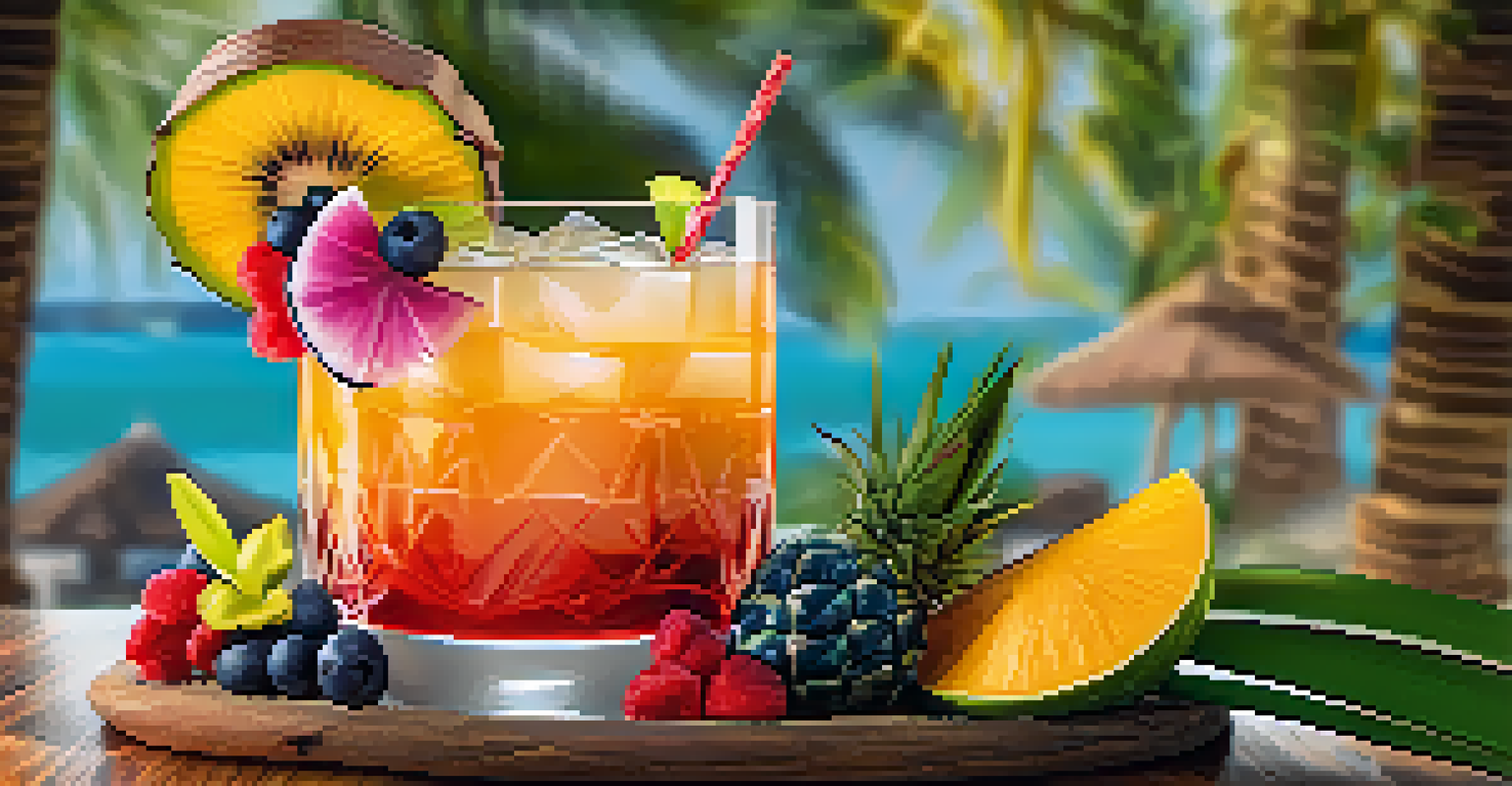 A vibrant tiki cocktail with fruit garnishes and smoke, displayed in a decorative glass amidst a tropical backdrop.