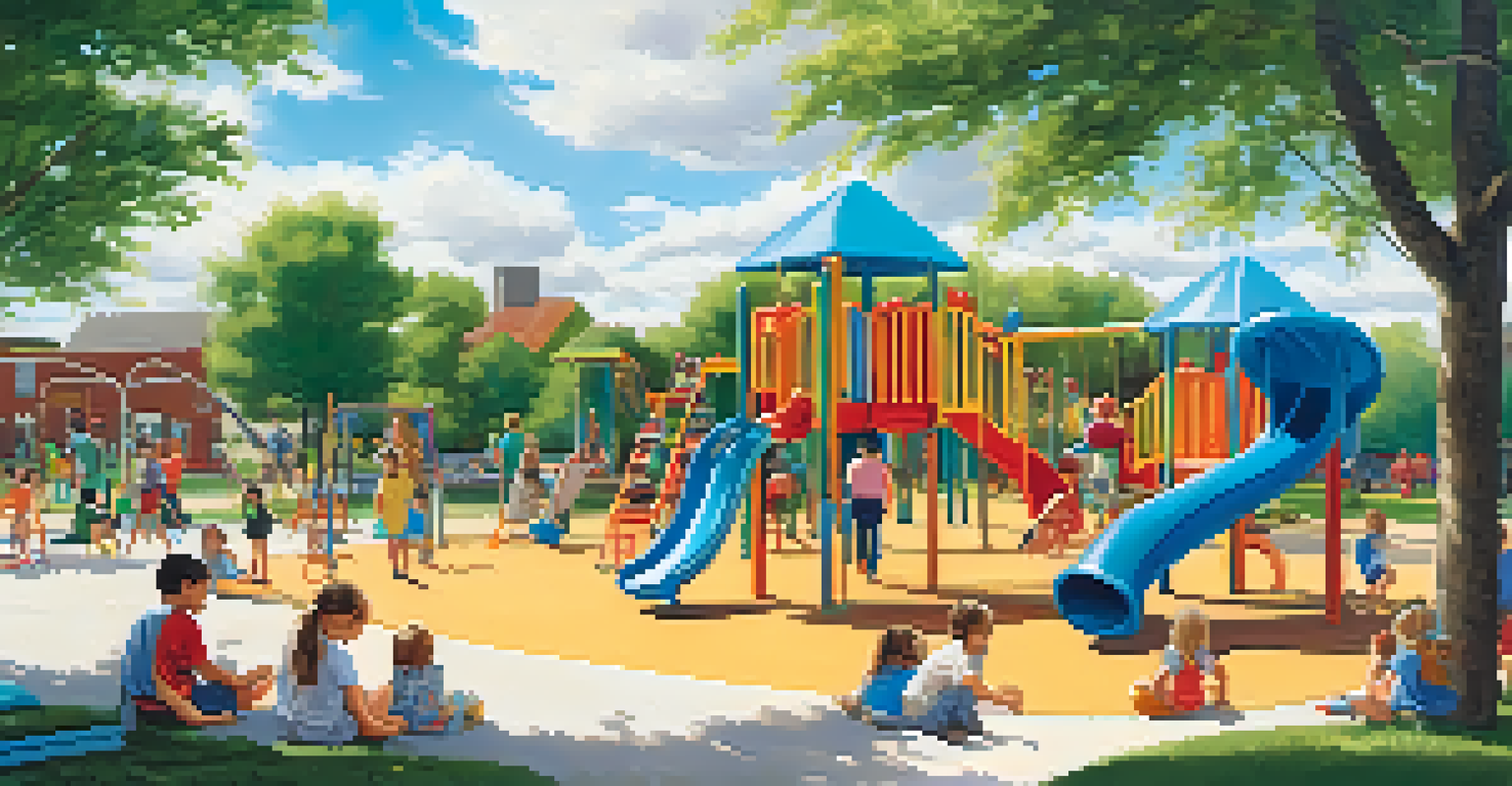 Children playing in a vibrant outdoor playground while parents observe.
