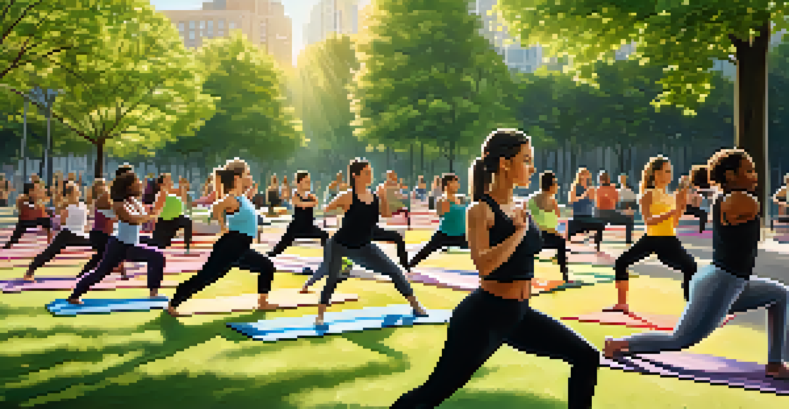 A group of people practicing yoga outdoors in an urban environment with city buildings in the background.