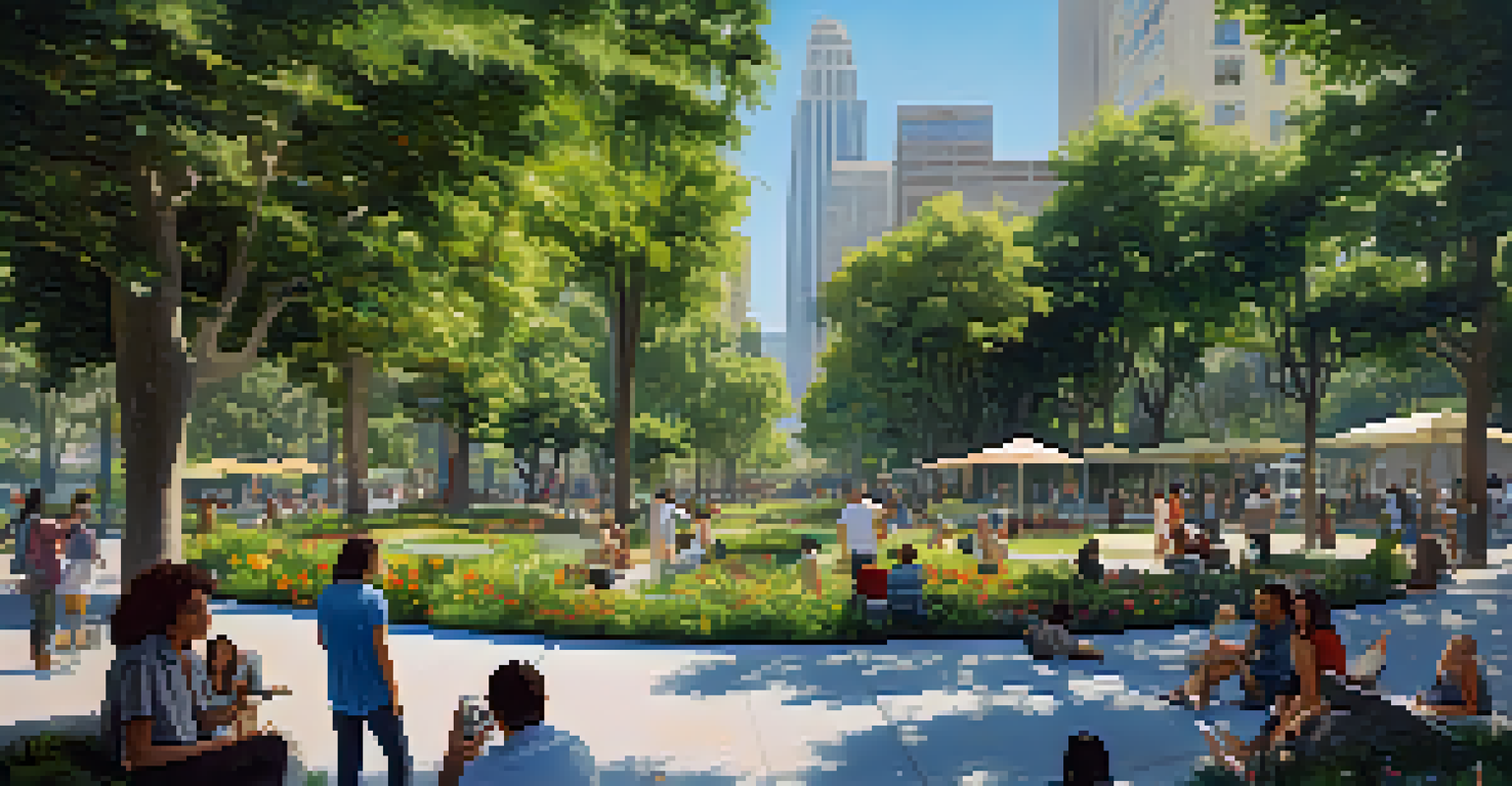 A vibrant communal space in Grand Park, Los Angeles, showing people socializing among greenery and artistic installations under a clear blue sky.