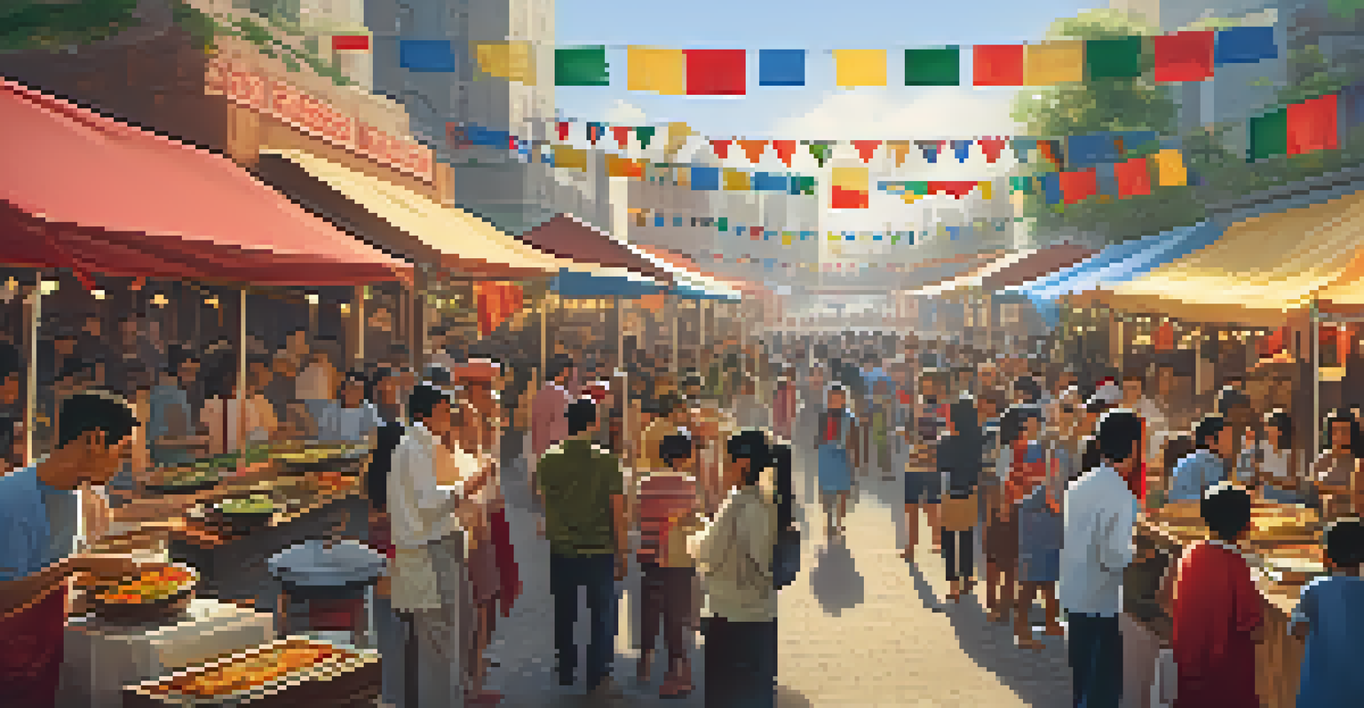 A street food festival with diverse stalls, showcasing people enjoying various international dishes under festive string lights.