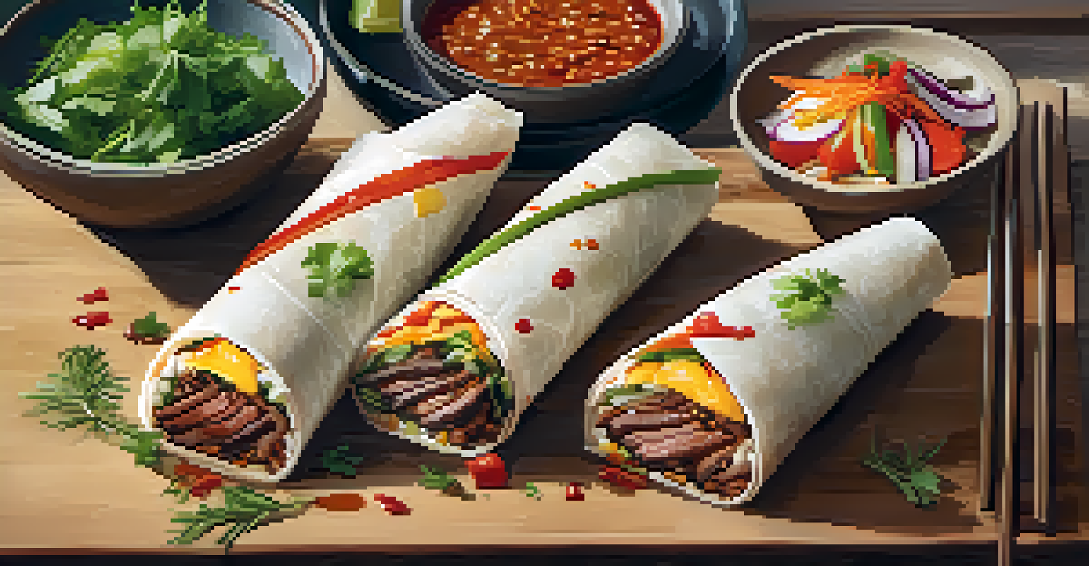 A Korean BBQ burrito on a wooden table, surrounded by dipping sauces and herbs, highlighting fusion cuisine.