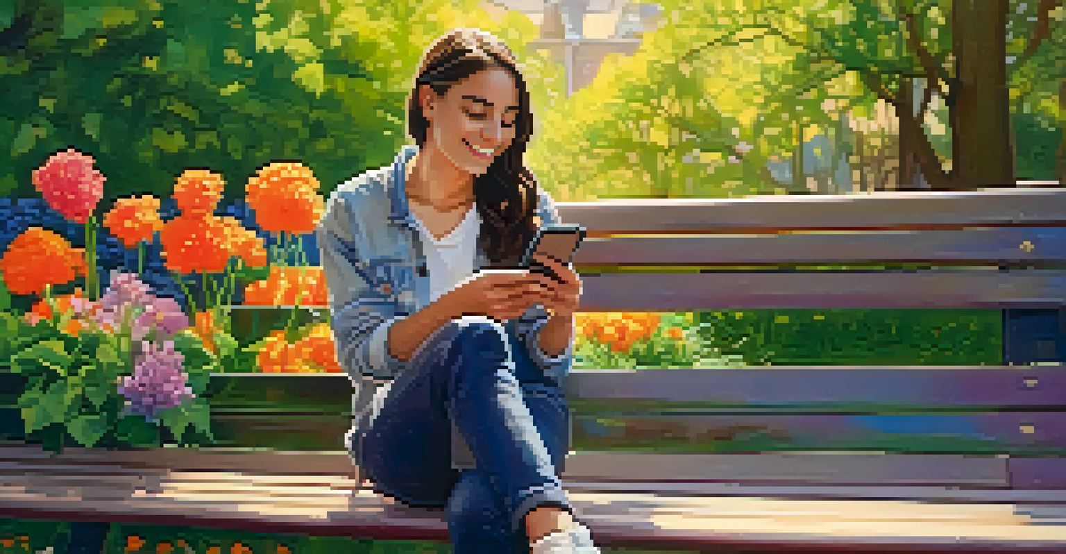 A young LGBTQ+ person smiling on a park bench while talking on the phone, surrounded by colorful flowers.