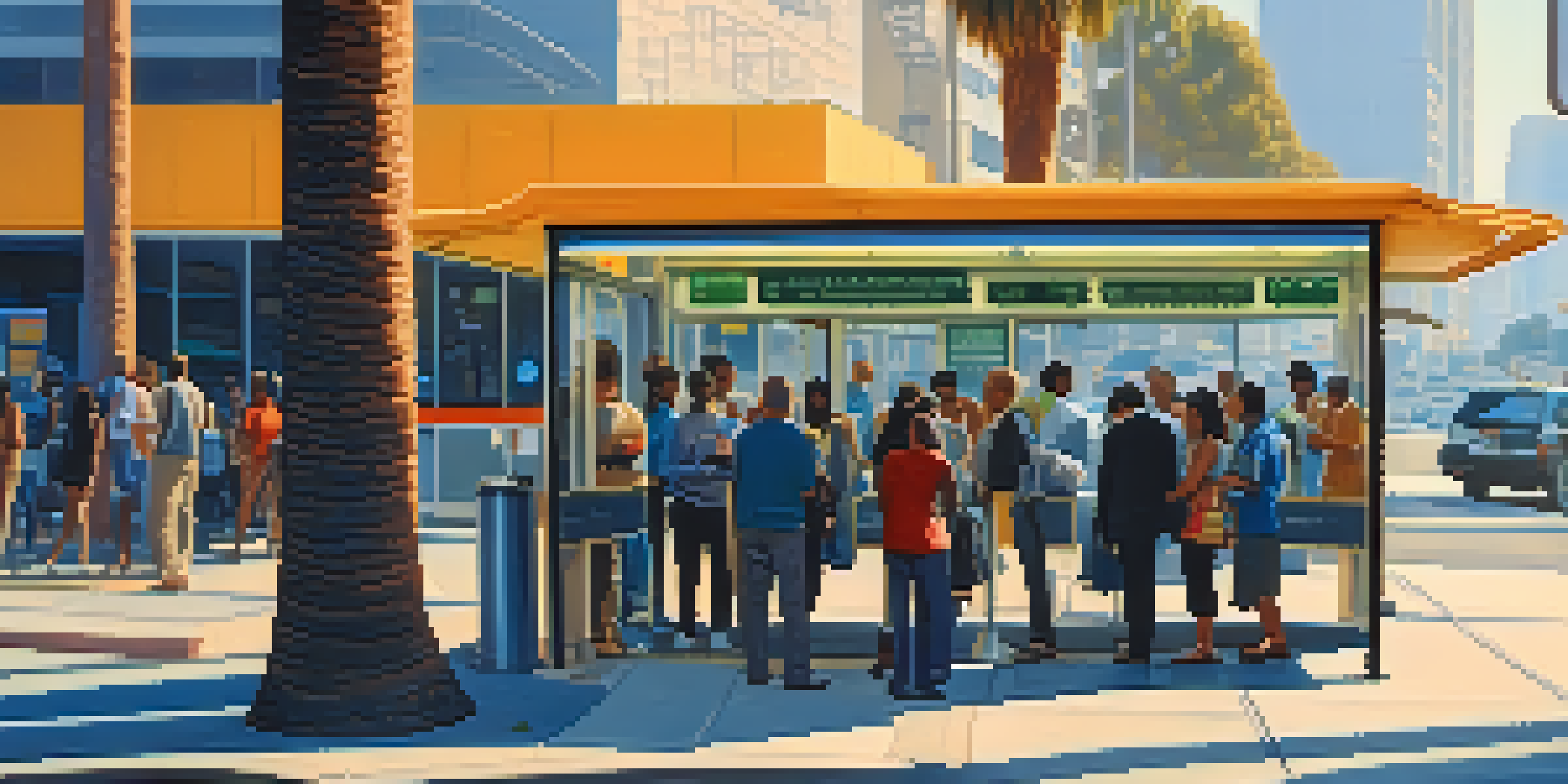 A busy Los Angeles bus stop with various commuters using mobile apps, surrounded by palm trees and city buildings under a clear blue sky.