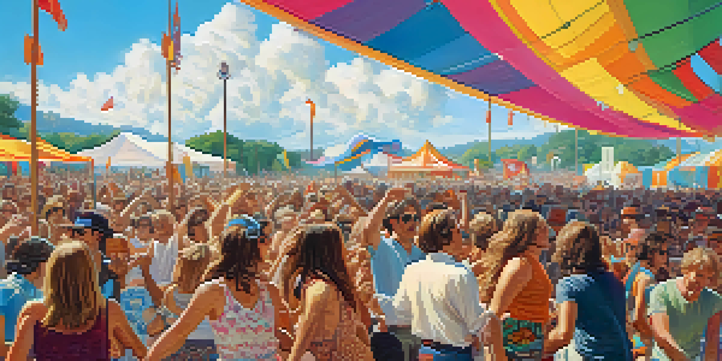 A lively outdoor music festival in the 1970s with a diverse crowd dancing and enjoying performances, colorful decorations, and a rock band on stage.