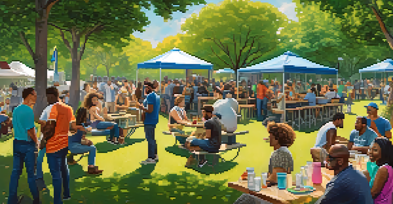 A community event in a park with gig workers networking and enjoying food from food trucks, surrounded by greenery and colorful decorations.