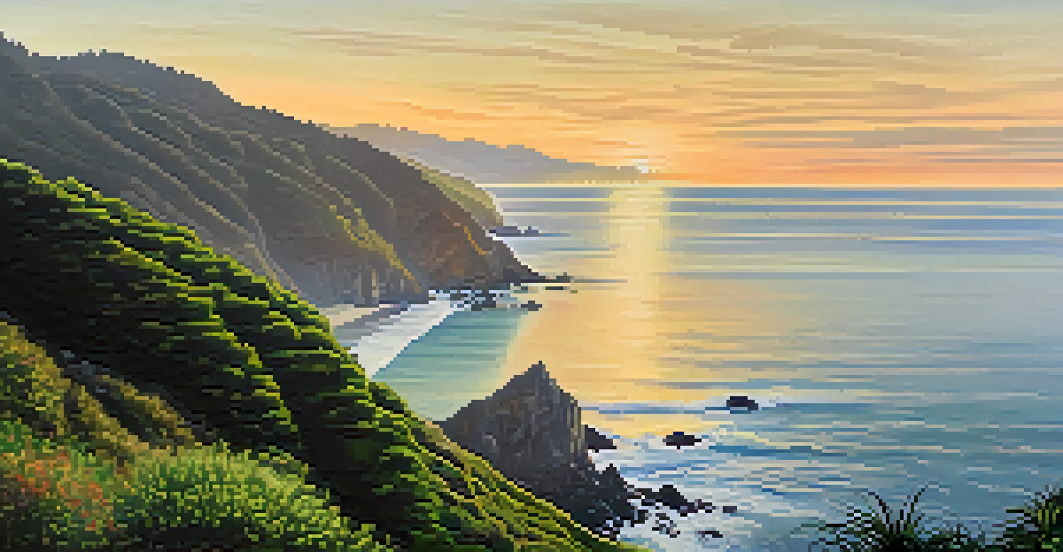 A breathtaking cliffside view from the Esalen Institute with lush greenery, a hot spring, and a sunset over the ocean, conveying tranquility and natural beauty.