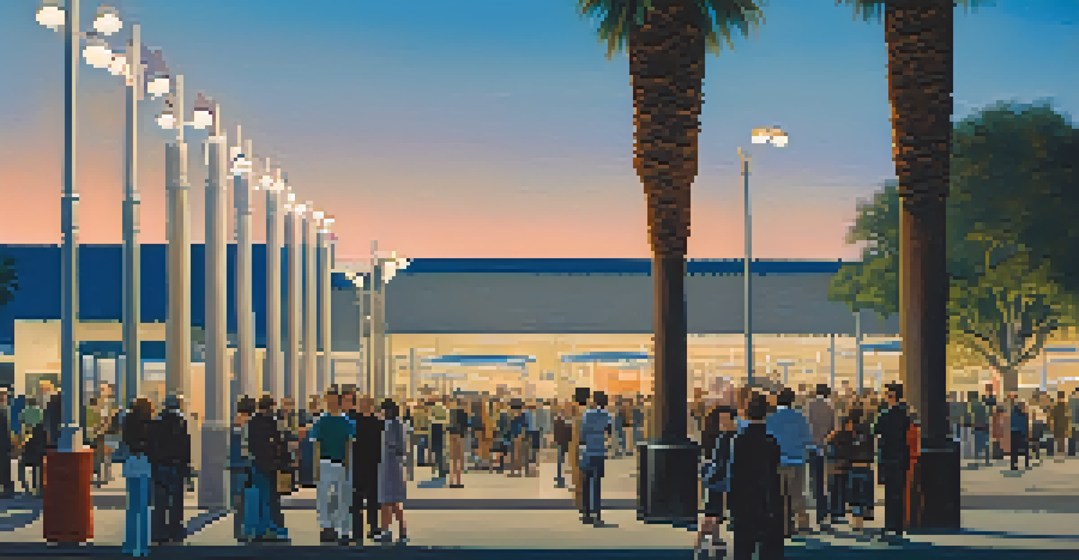The Urban Light installation at LACMA, with street lamps glowing against a twilight sky and people enjoying the scene.