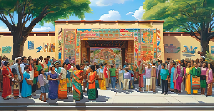 A colorful mural showcasing diverse cultural heritage, with people admiring it on a sunny day.