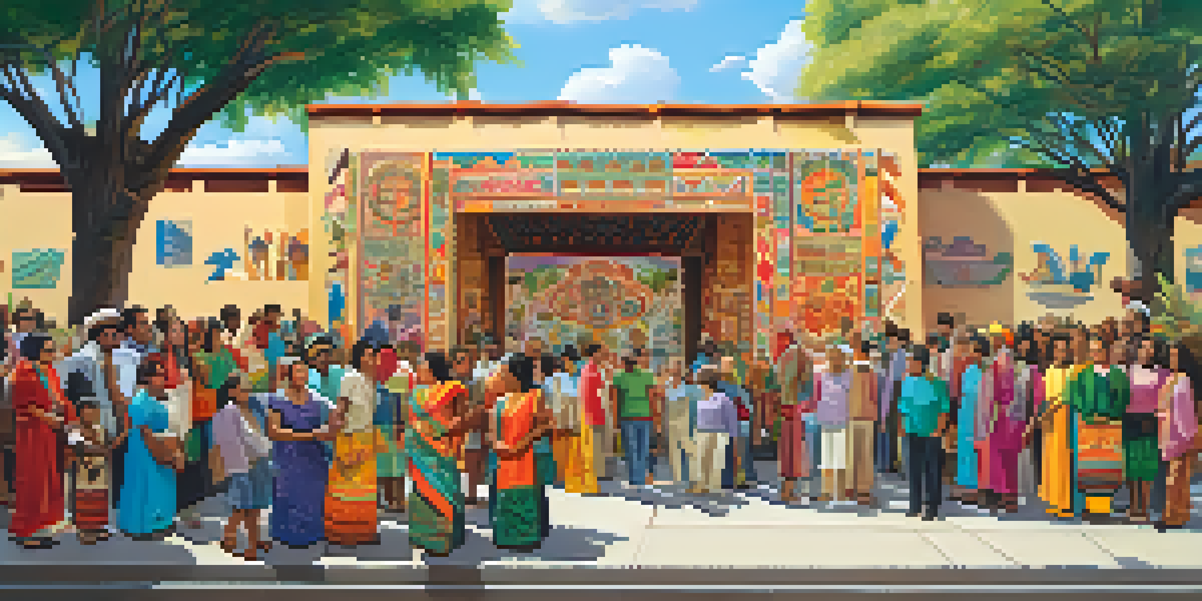 A colorful mural showcasing diverse cultural heritage, with people admiring it on a sunny day.