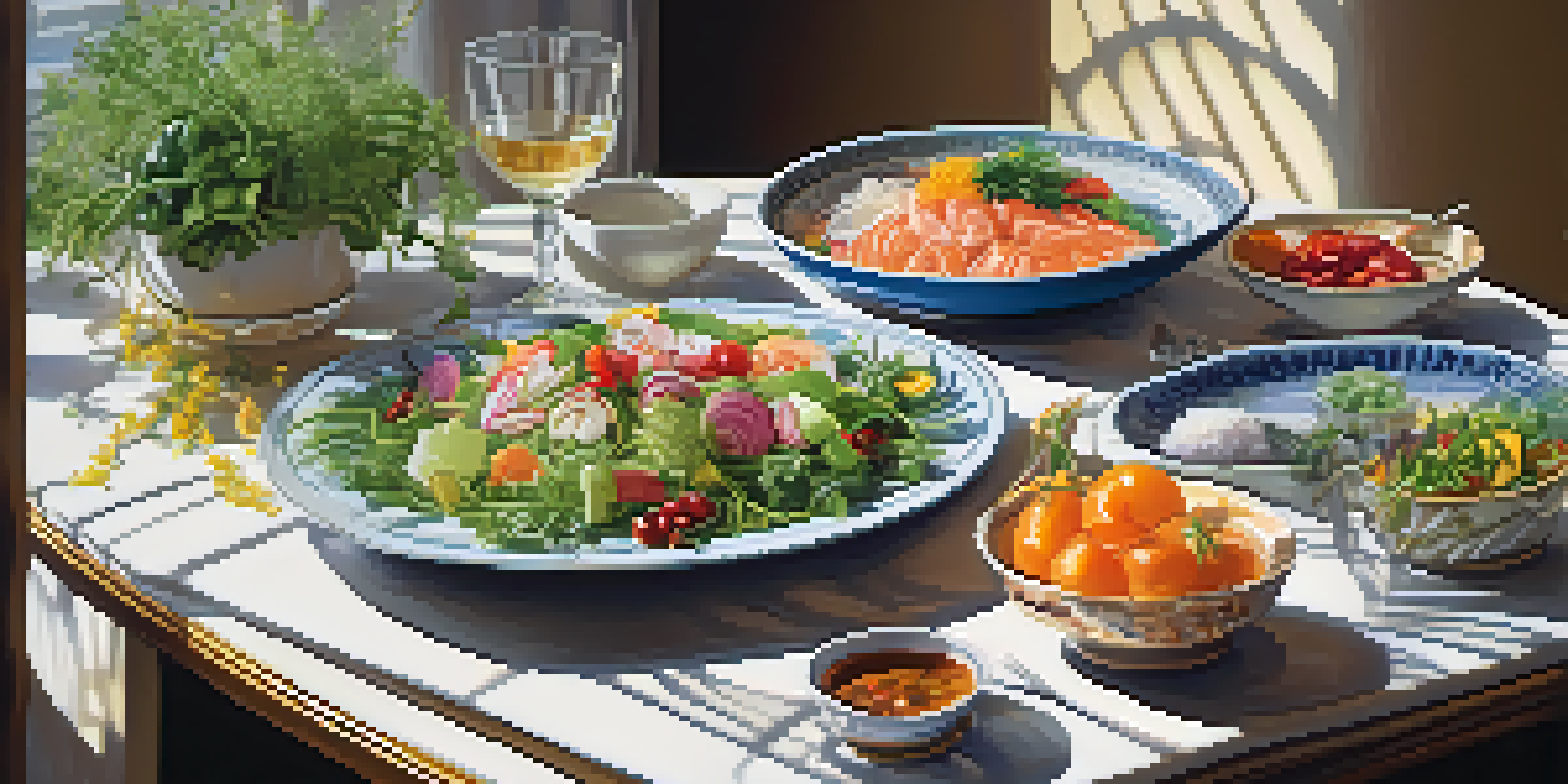 A table set with various colorful dishes from different global cuisines, illuminated by natural sunlight.