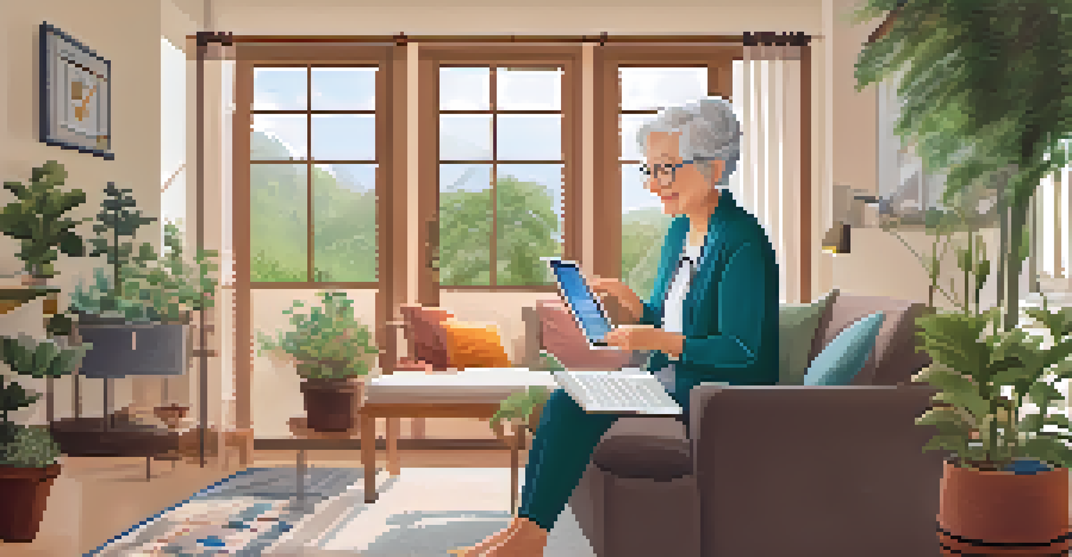 An elderly woman engaging in a telehealth appointment using a tablet in her cozy living room.