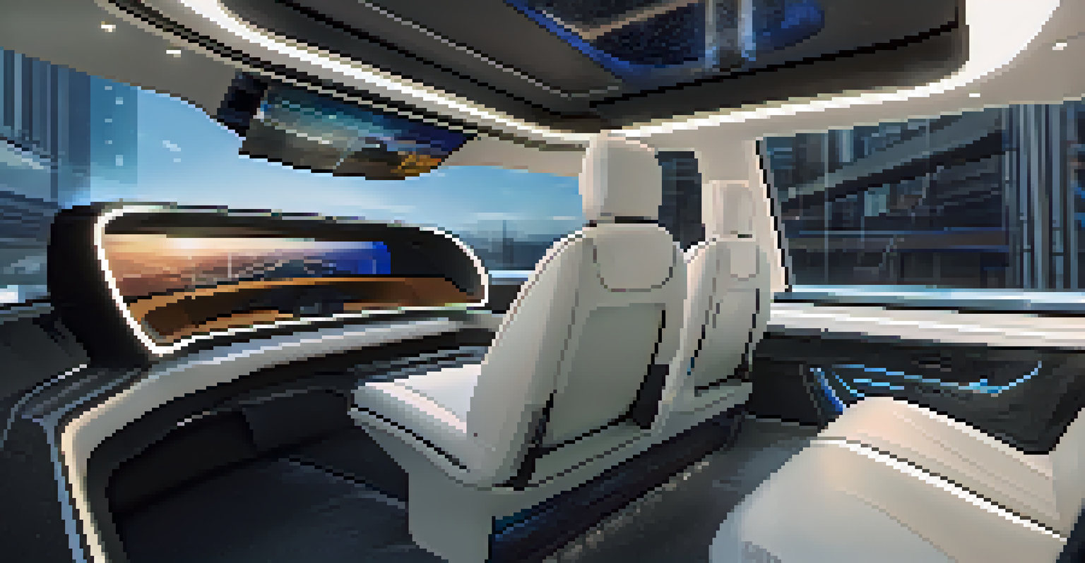 A modern, high-tech interior of a self-driving car, featuring spacious seating and digital displays.