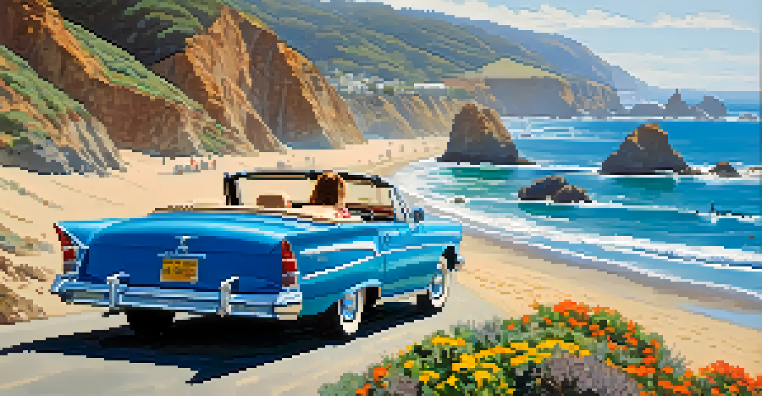 A sunny day on the Pacific Coast Highway with a blue ocean, cliffs, and a convertible car driving by, with surfers and a beach in the foreground.