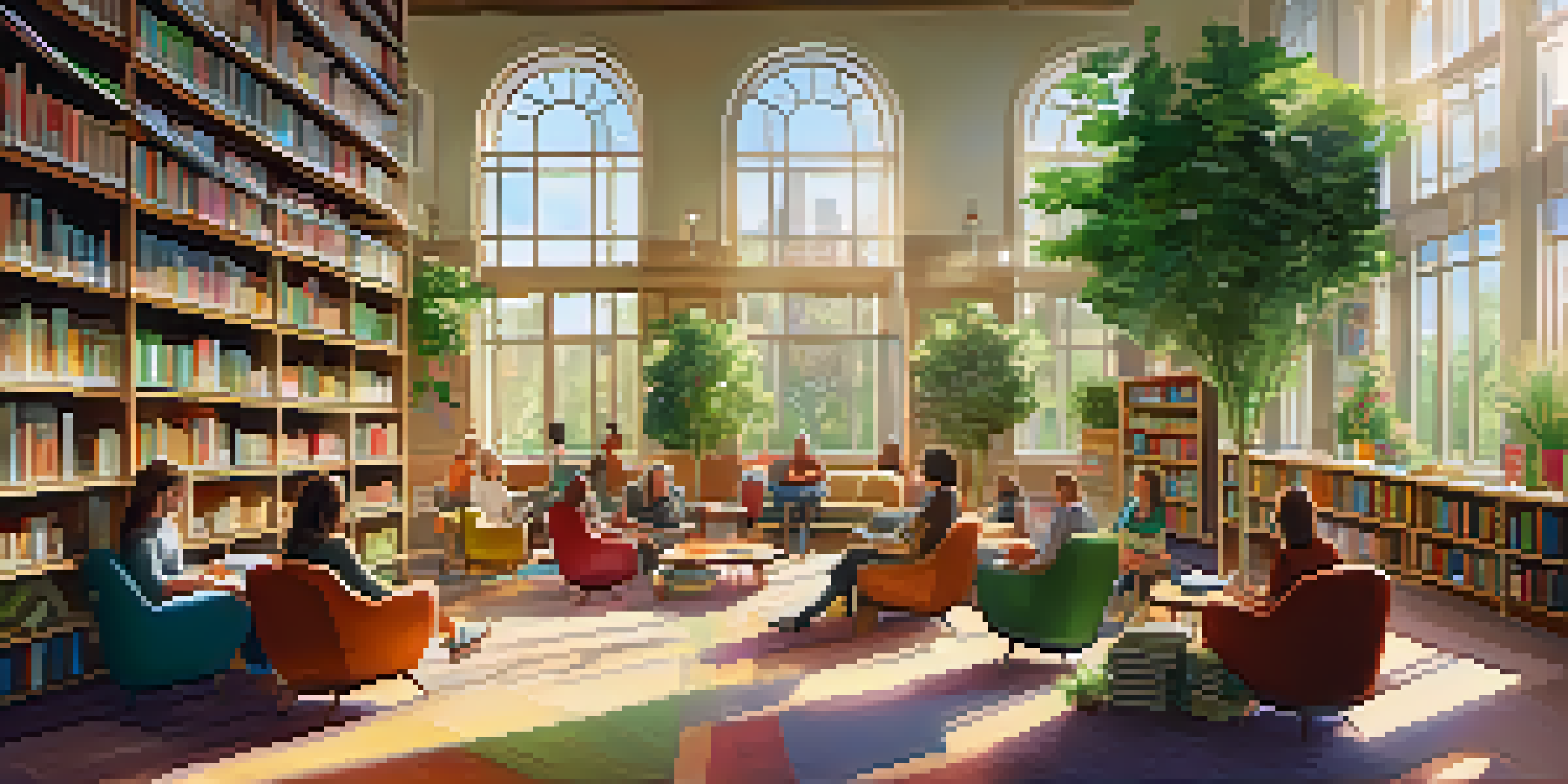 A bright and welcoming public library with people reading and discussing in a cozy environment filled with books and plants.
