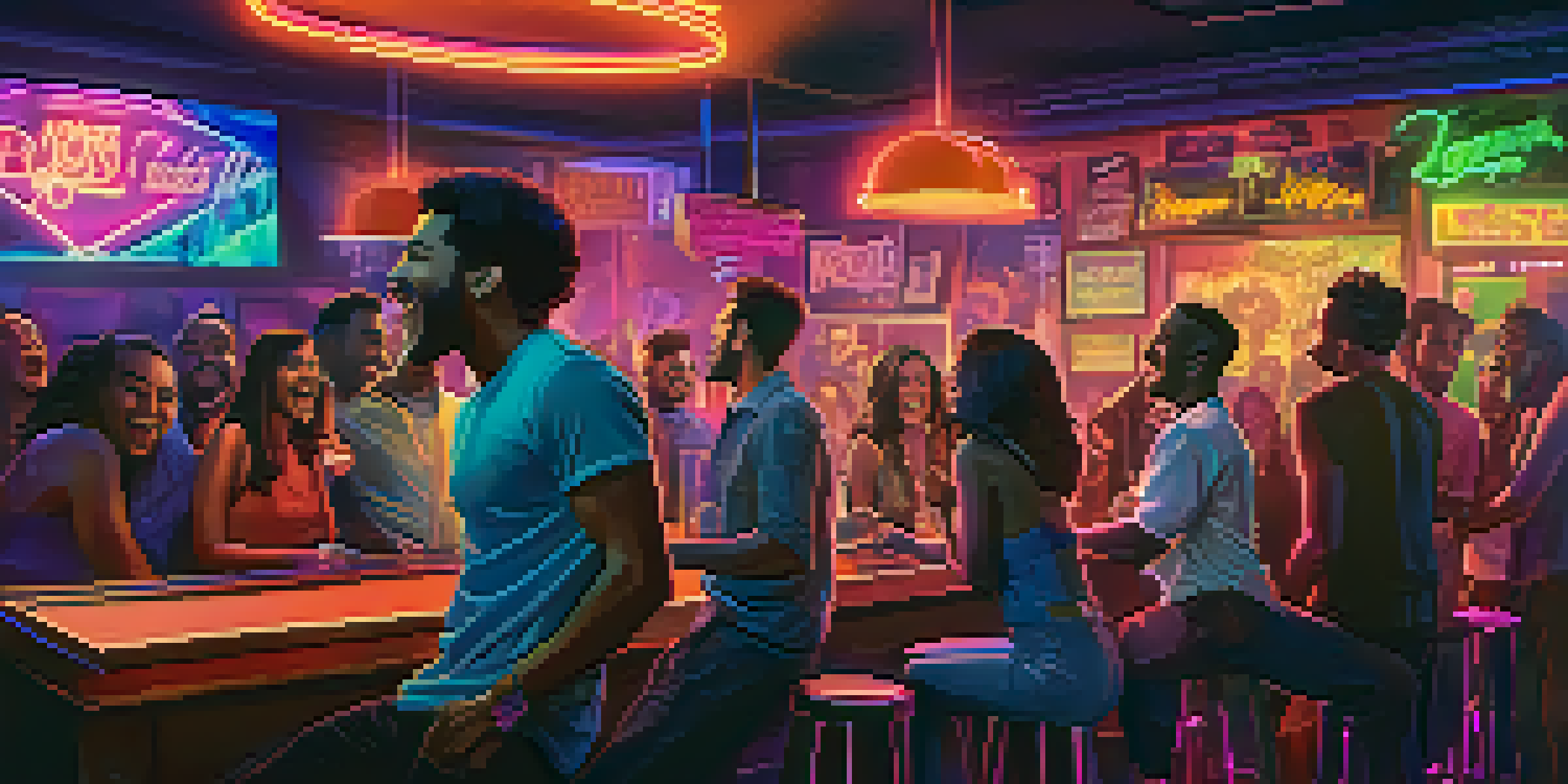 A lively karaoke bar in Los Angeles with friends singing together, colorful neon lights, and a microphone in the foreground.