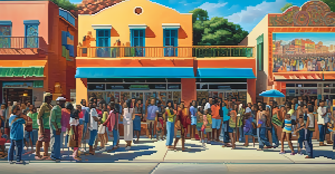 A colorful mural in an urban setting showing a diverse group of people gathered and interacting, with intricate patterns and cultural symbols on the wall.