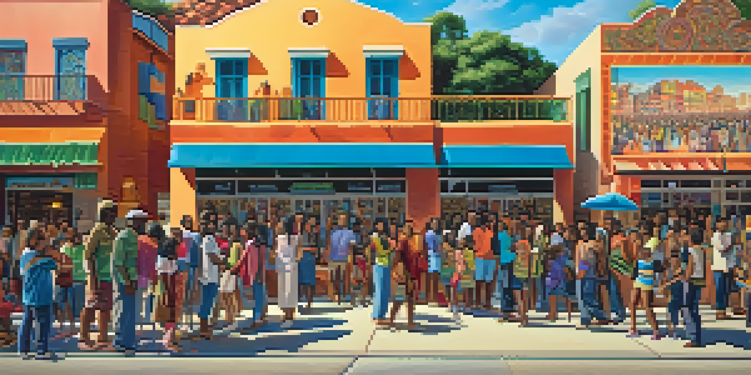 A colorful mural in an urban setting showing a diverse group of people gathered and interacting, with intricate patterns and cultural symbols on the wall.