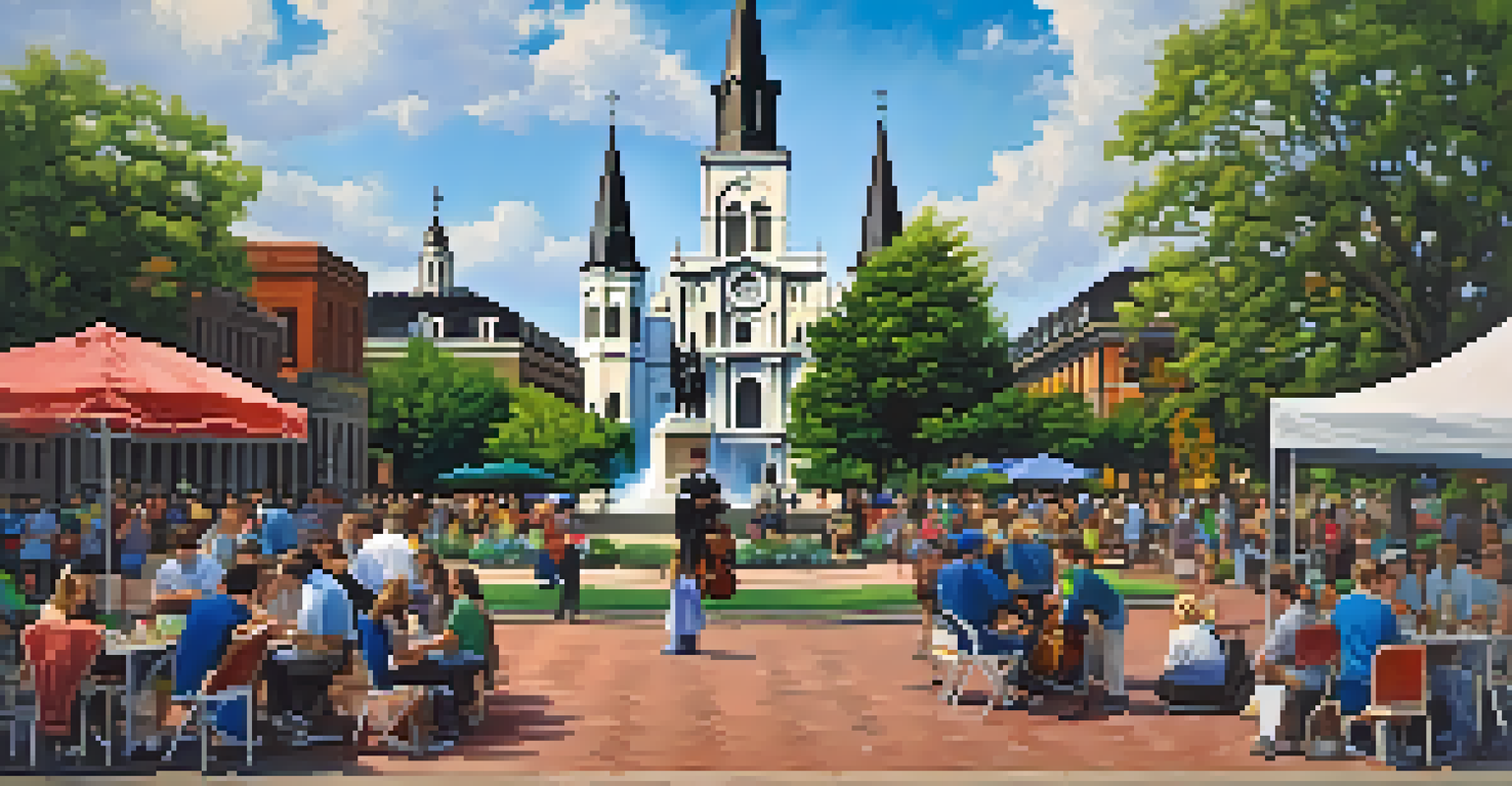 Jackson Square with St. Louis Cathedral, filled with street musicians and artists, under a bright blue sky.