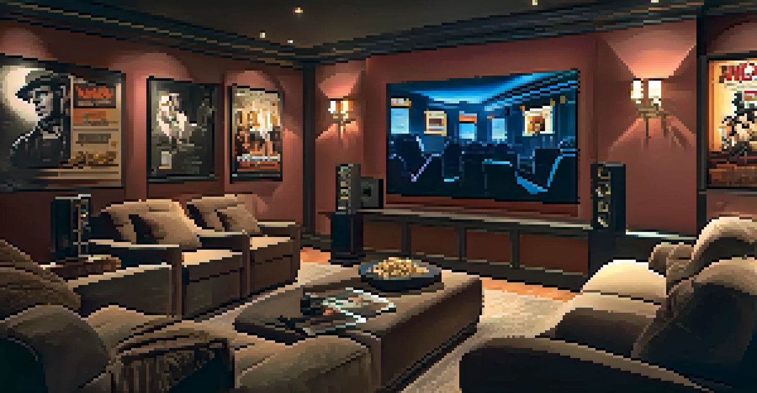 A warm and inviting home theater with plush seating and movie posters, featuring a large screen playing a classic film.