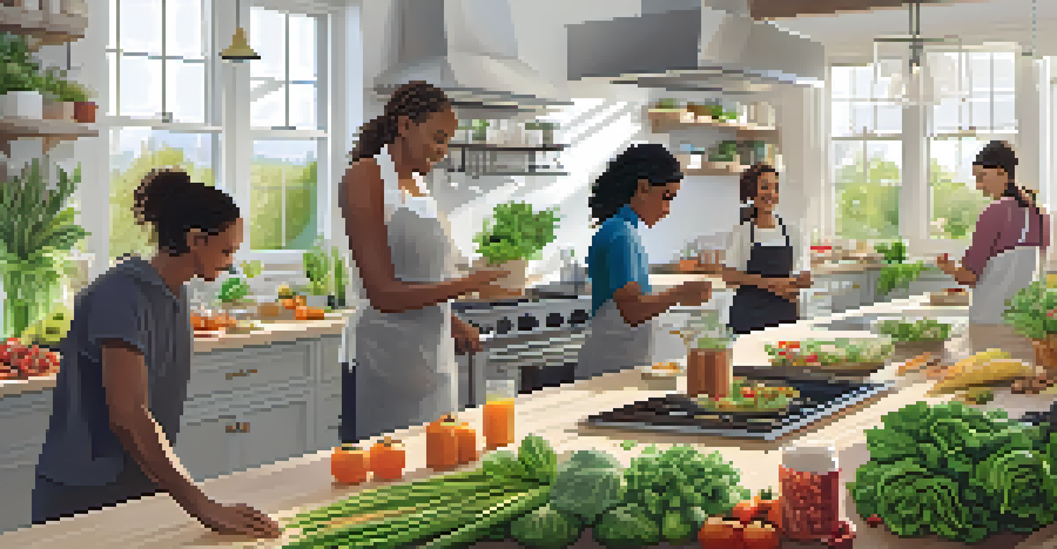 A community cooking workshop in an open kitchen with diverse participants preparing plant-based dishes together, filled with fresh ingredients.