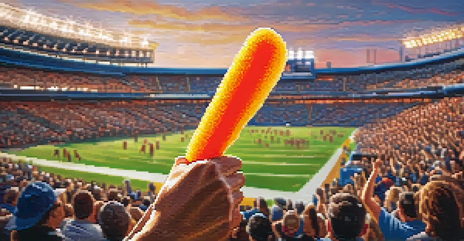 Close-up of a fan's hand holding a colorful foam finger in a packed stadium, with warm sunlight creating a vibrant atmosphere.
