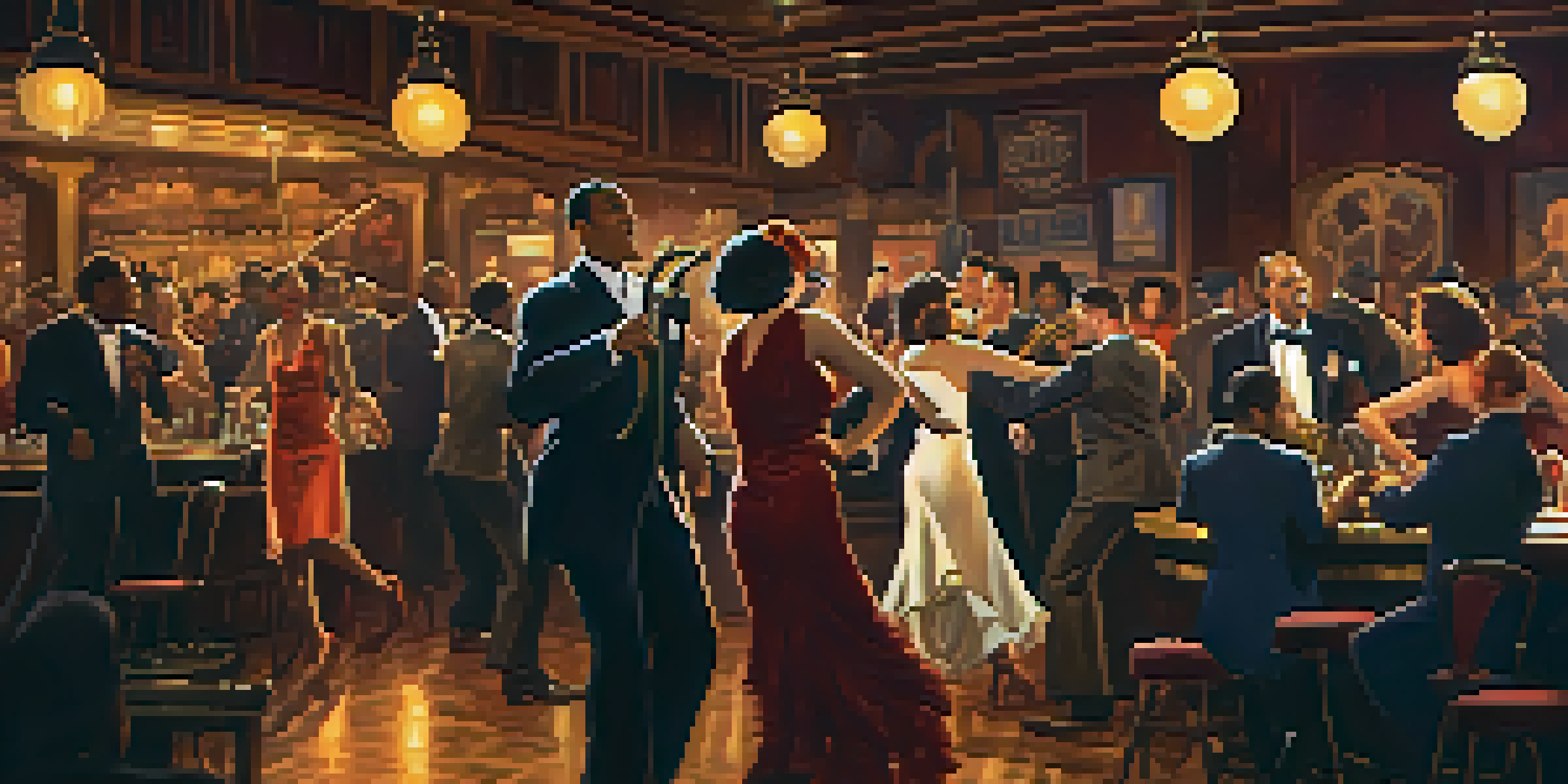 A lively 1920s jazz club with a saxophonist performing, dancers in motion, and patrons enjoying the music in a warmly lit vintage setting.