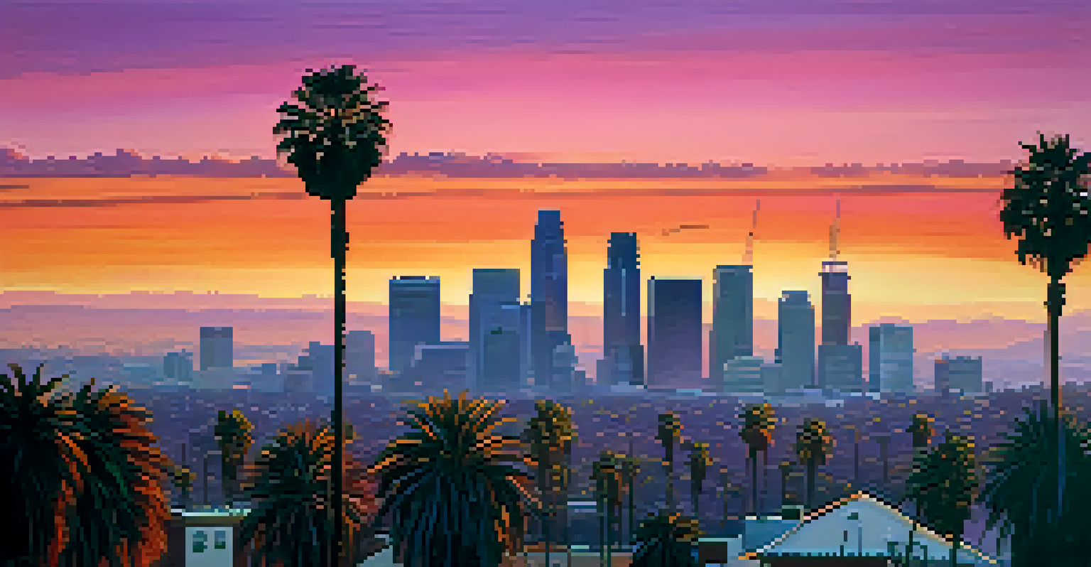 A stunning sunset view of the Los Angeles skyline with palm trees silhouetted in the foreground.
