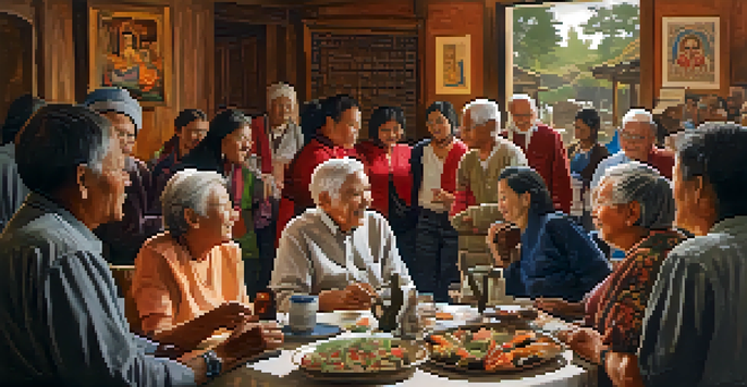 An older person sharing stories with younger individuals in a warm setting, surrounded by traditional crafts and artworks that represent different cultures.